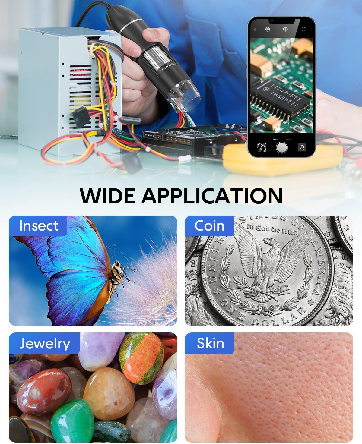 USB Digital Microscope, 50X-1600X Magnification, LED Light, Black image number 2