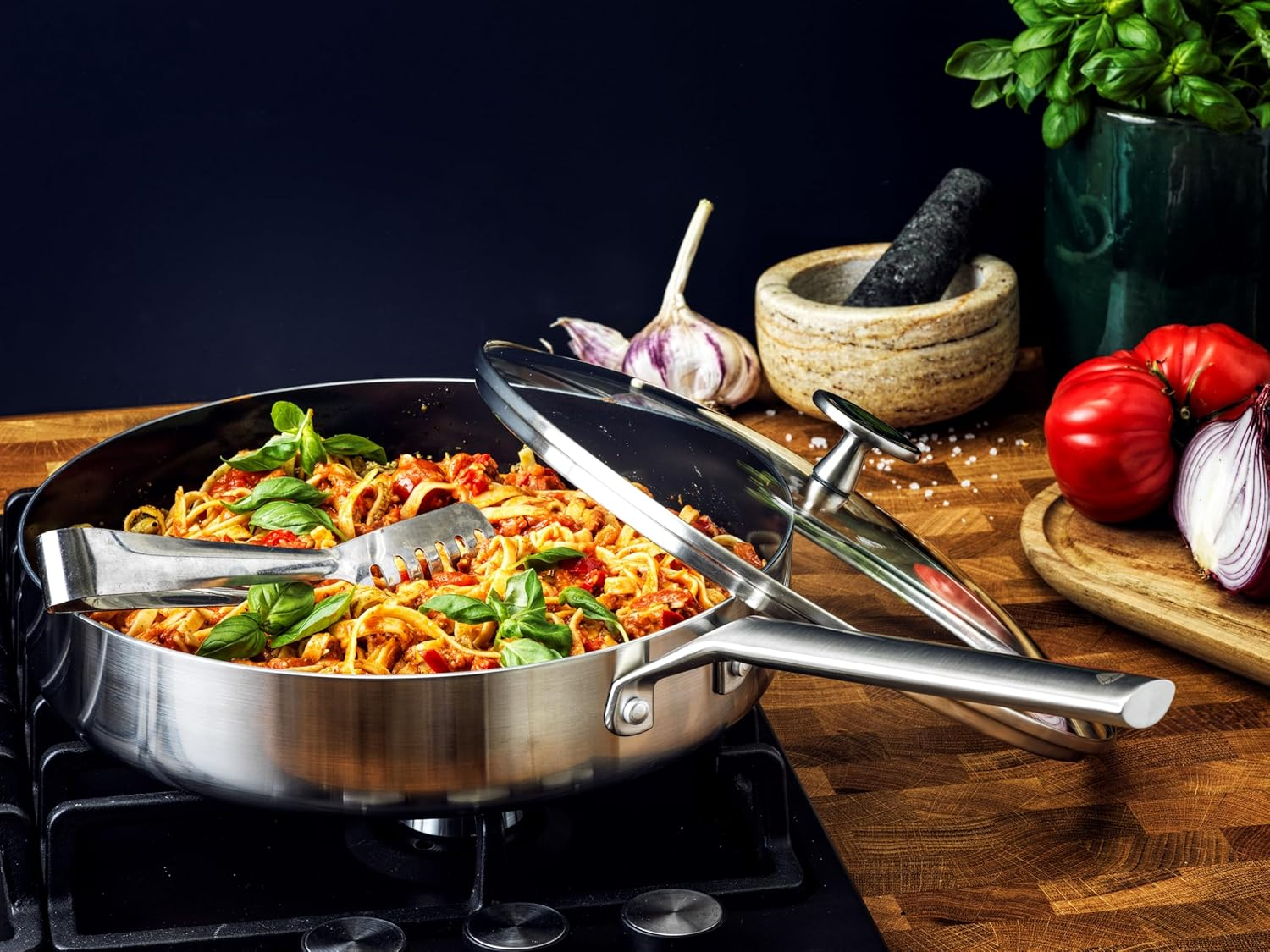 Blue Diamond Cookware Tri-Ply Stainless Steel Ceramic Nonstick 28Cm Skillet with Lid, Pfas-Free, Multi Clad, Induction, Dishwasher Safe, Oven Safe, Silver image number 1