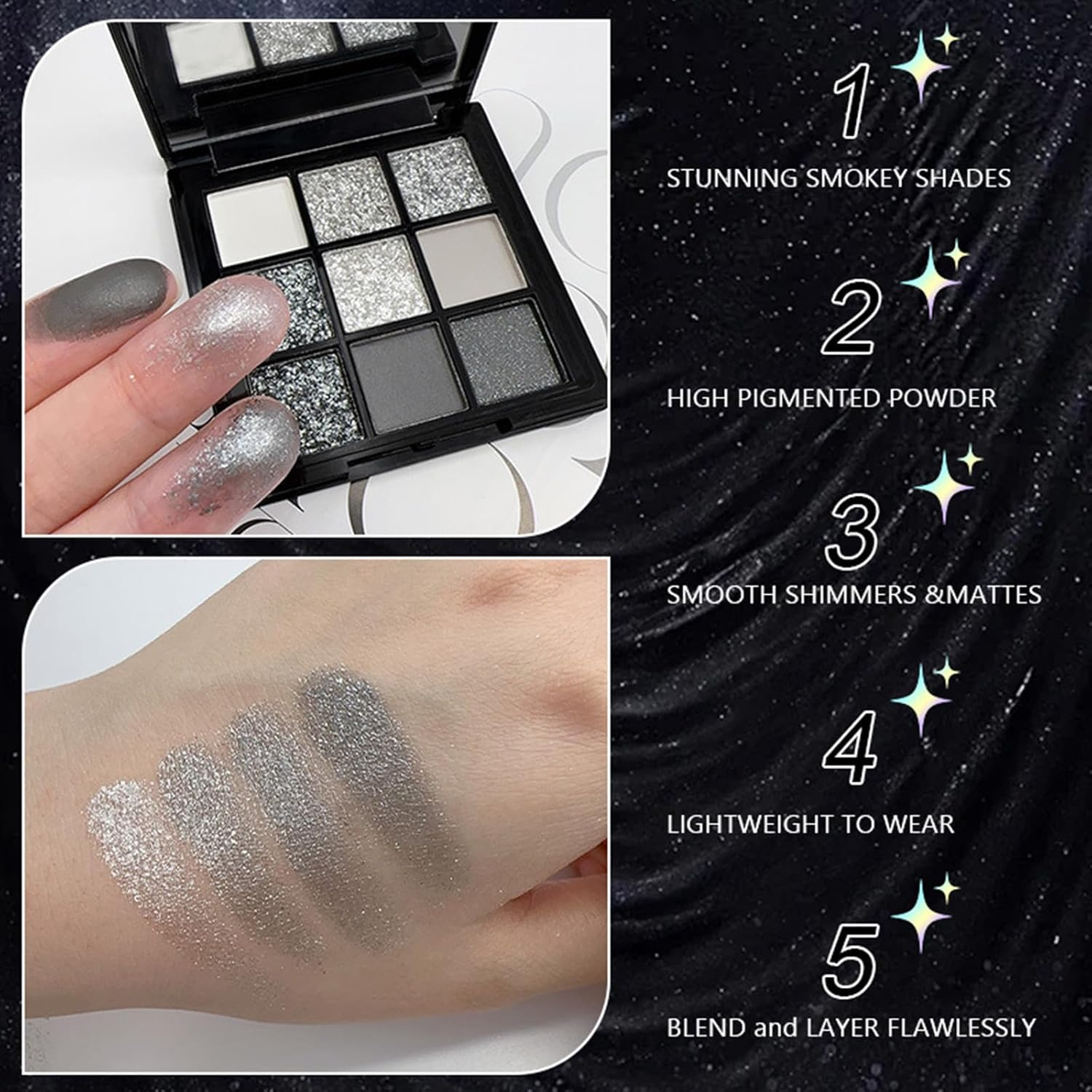 9 Color Eye Shadow Palette, Heavy Metal Dark Style Eye Shadow Plate, Smoke Makeup Punk, Black White Gray Is Suitable for Eyeshadows, Lip, Body Paint image number 3