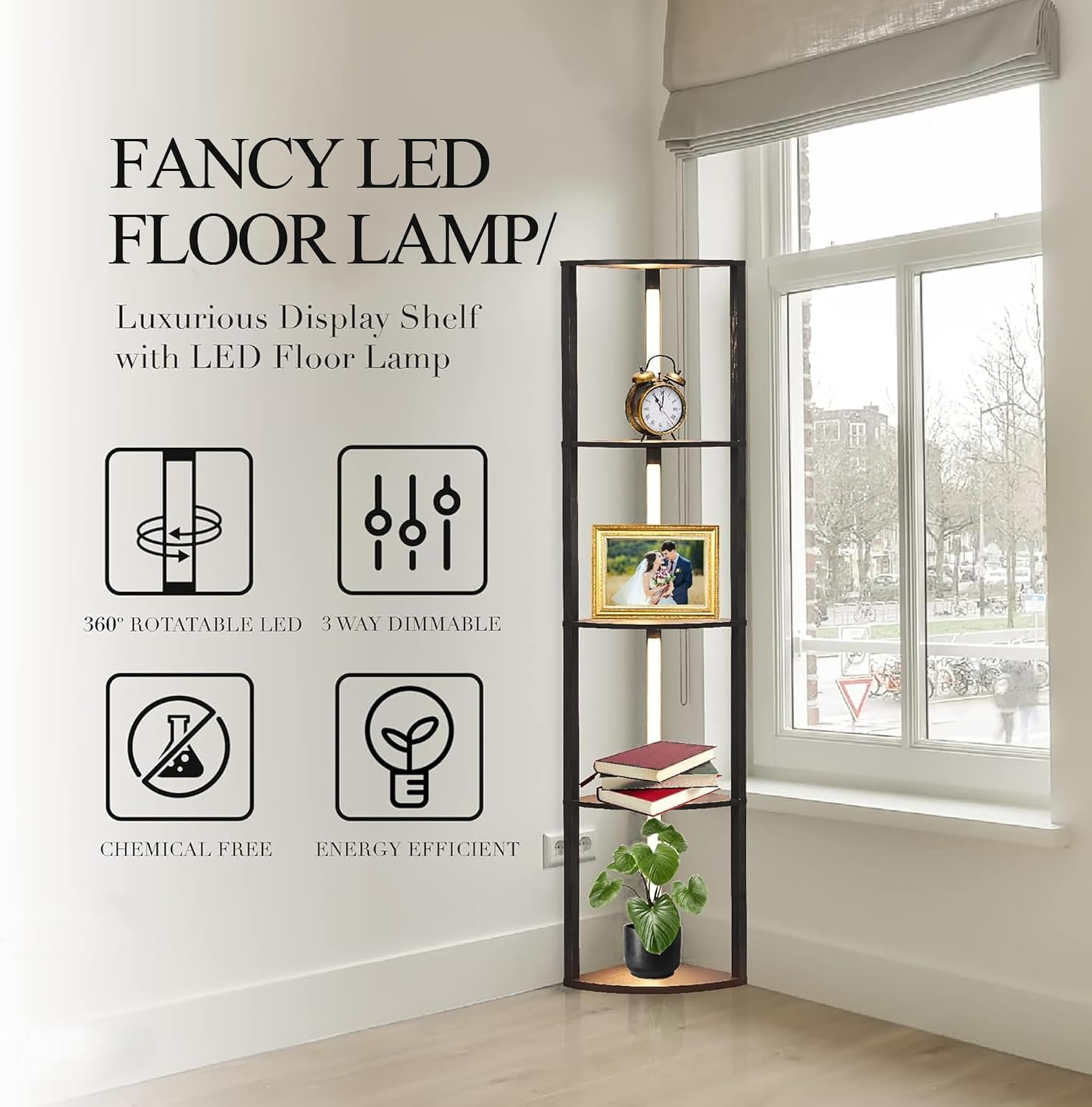 TUXOIUBA Dimmable LED Corner Floor Lamp with Shelves, Corner Shelf Floor Lamps for Living Room, LED Corner Display Shelf with Lights and Adjustable Color Temperature for Living Room Bedroom Home image number 3