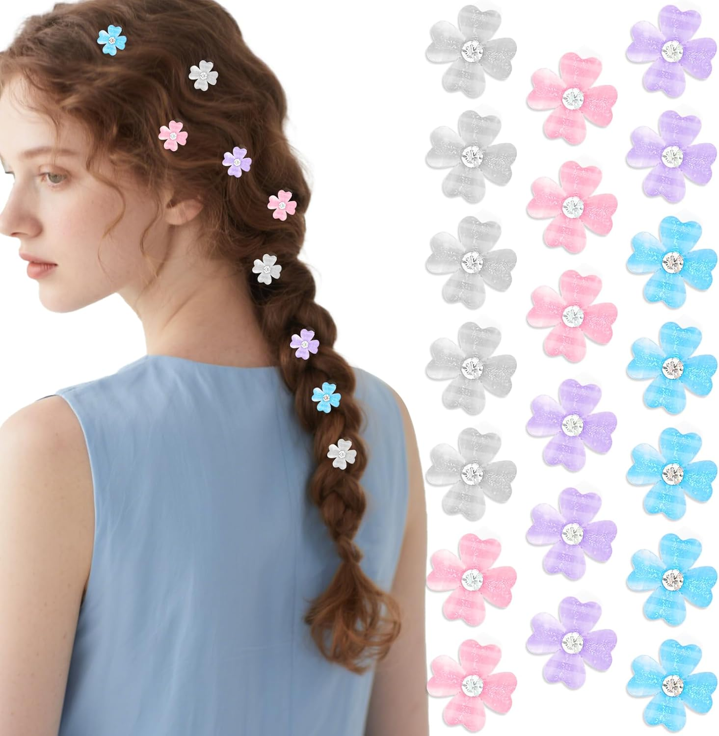 Pruadeor Pack of 20 Mini Flower Hair Clips, Colourful Hair Clips, Girls, Hair Clip Small with Rhinestones, Flowers - Hair Accessories image number 4