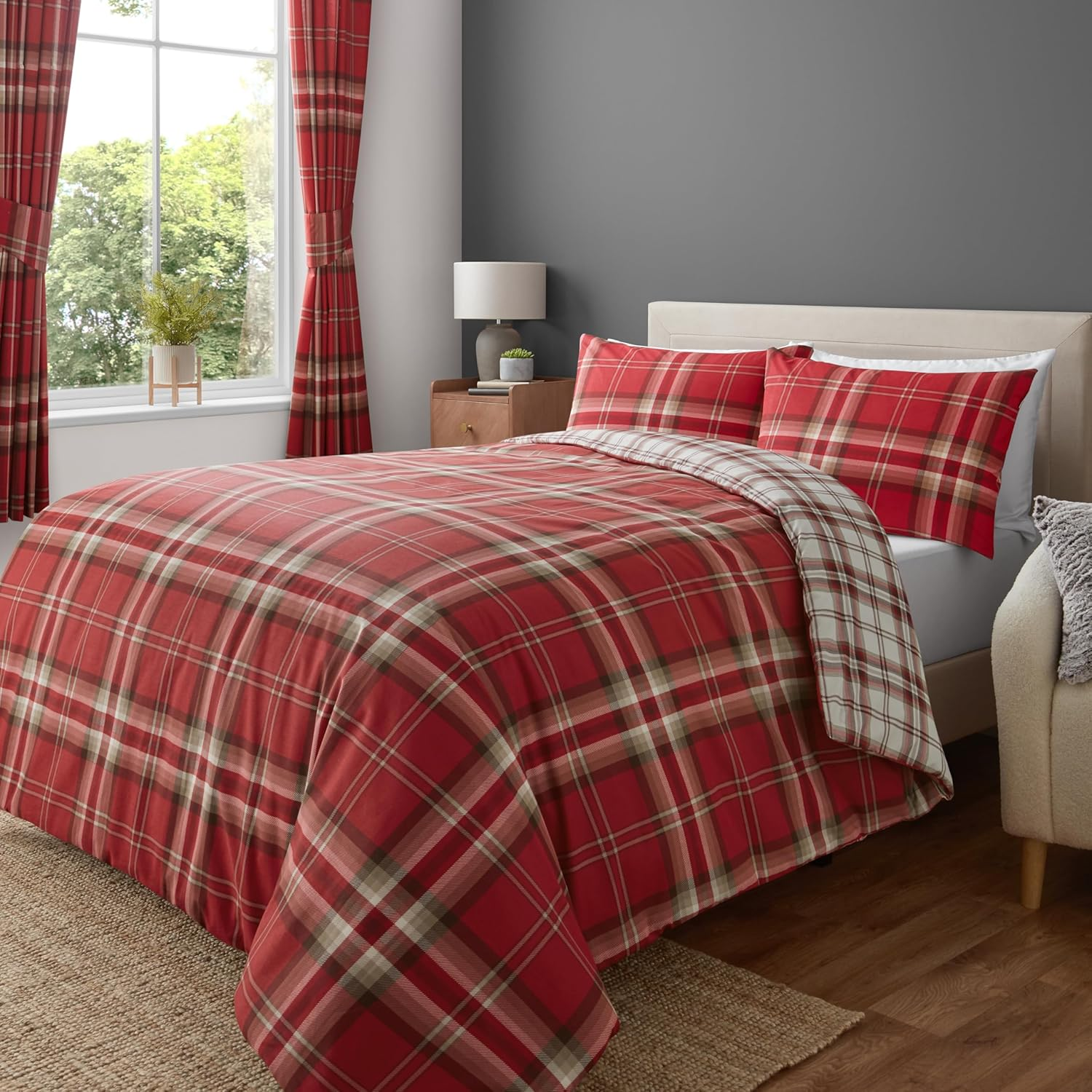 Catherine Lansfield Kelso Check Reversible King Duvet Cover Set with Pillowcases Red image number 1