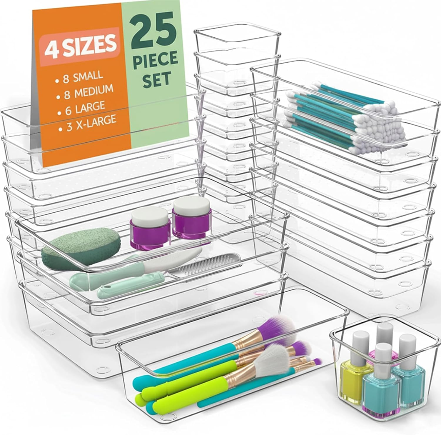 25 Pcs Clear Customizable Drawer Organizer Set - 4-Size with Non-Slip Feet Plastic Storage Bins | for Makeup, Jewelry, Kitchen, Office Supplies | Modular Space-Saving Solution image number 3