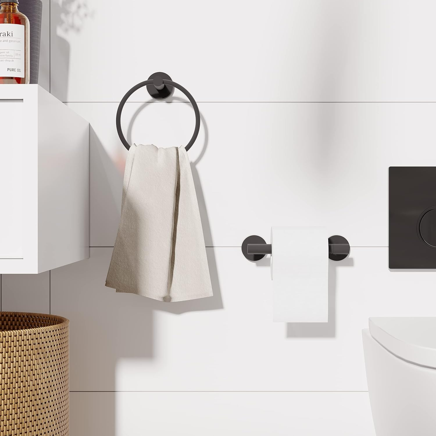 RARXTR Matte Black Toilet Paper Holder & Towel Ring SUS304 Stainless Steel 2Pc Bathroom Hardware Set with Double Post Pivoting Toilet Paper Roll Holder Wall Mount & Bathroom Towel Holder Set image number 5