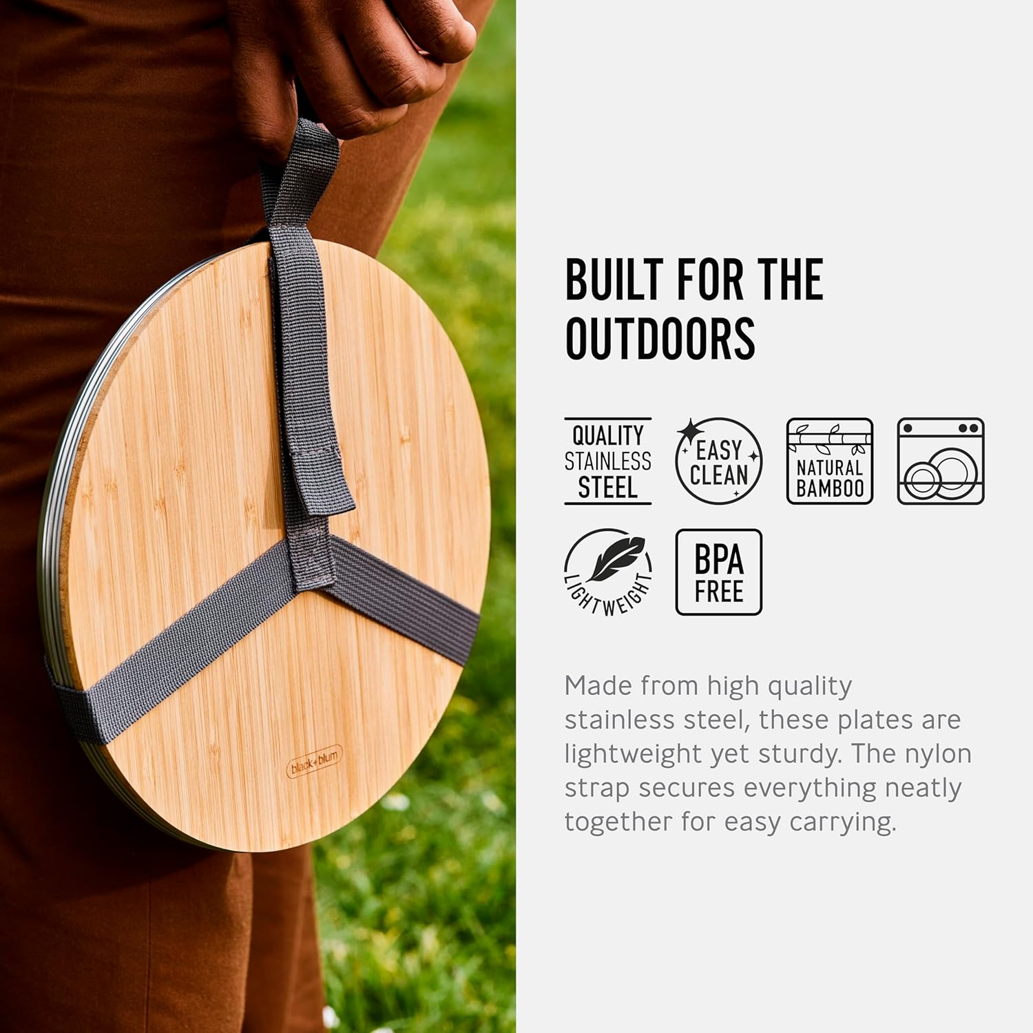 Black+Blum Picnic Plate Set of 4 - Stainless Steel Plates with a Bamboo Chopping Board Lid and Carry Strap image number 3