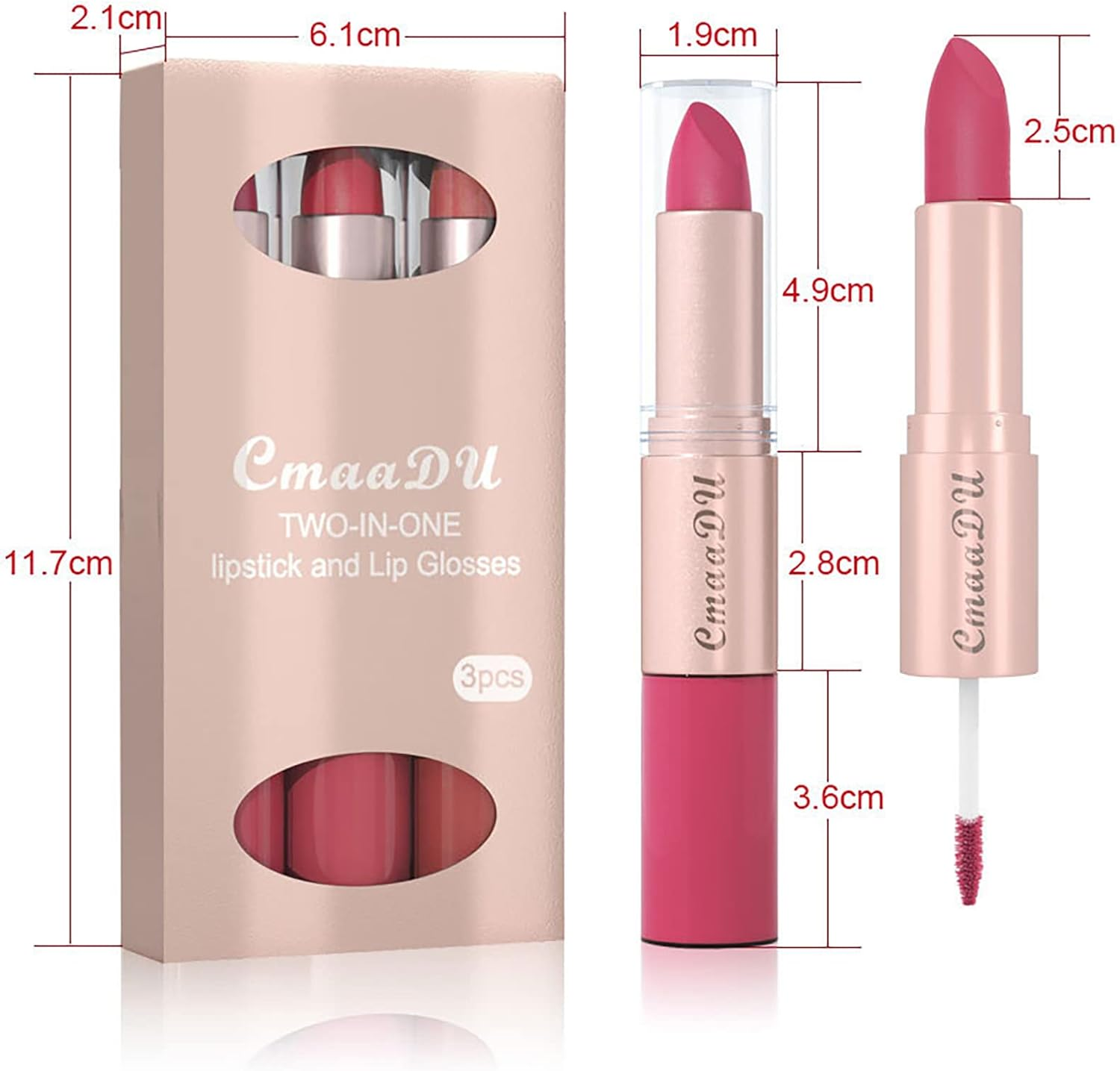 Enmart 3 Pcs 2-In-1 Lipstick Lip Gloss Set, Lipstick Female Durable Moisturizing Lip Gloss, Waterproof Long Lasting Non-Stick Velvet Lips Tint Nude Lip Sticks Woman Makeup Cosmetics for Women image number 1