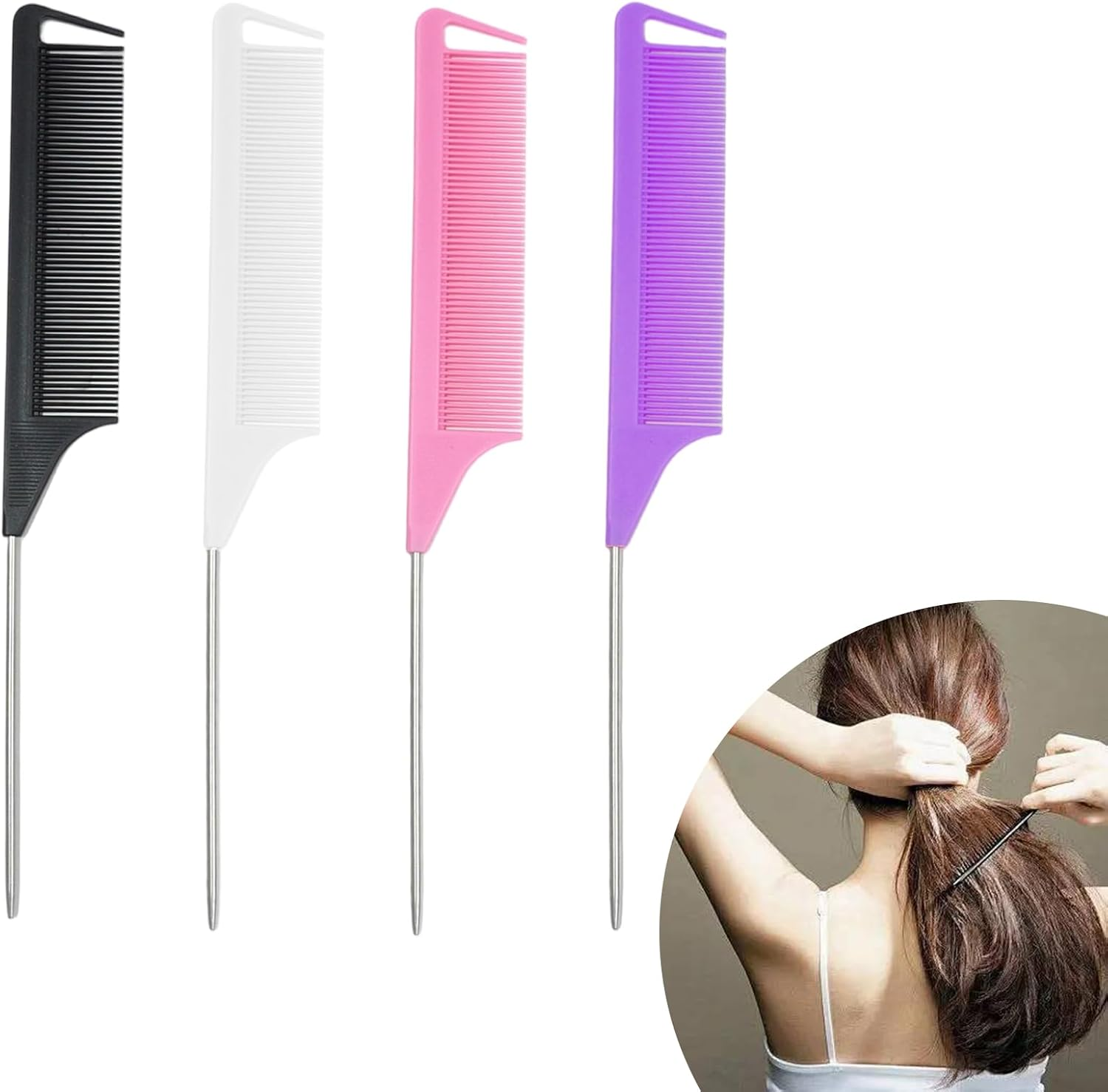 4 Pcs Rat Tail Combs Set, Professional Hair Styling Combs with Fine-Tooth Design and Stainless Steel Pointed Tail for Parting, Braiding, Highlighting and Teasing (Black, Pink, Purple, White) image number 4