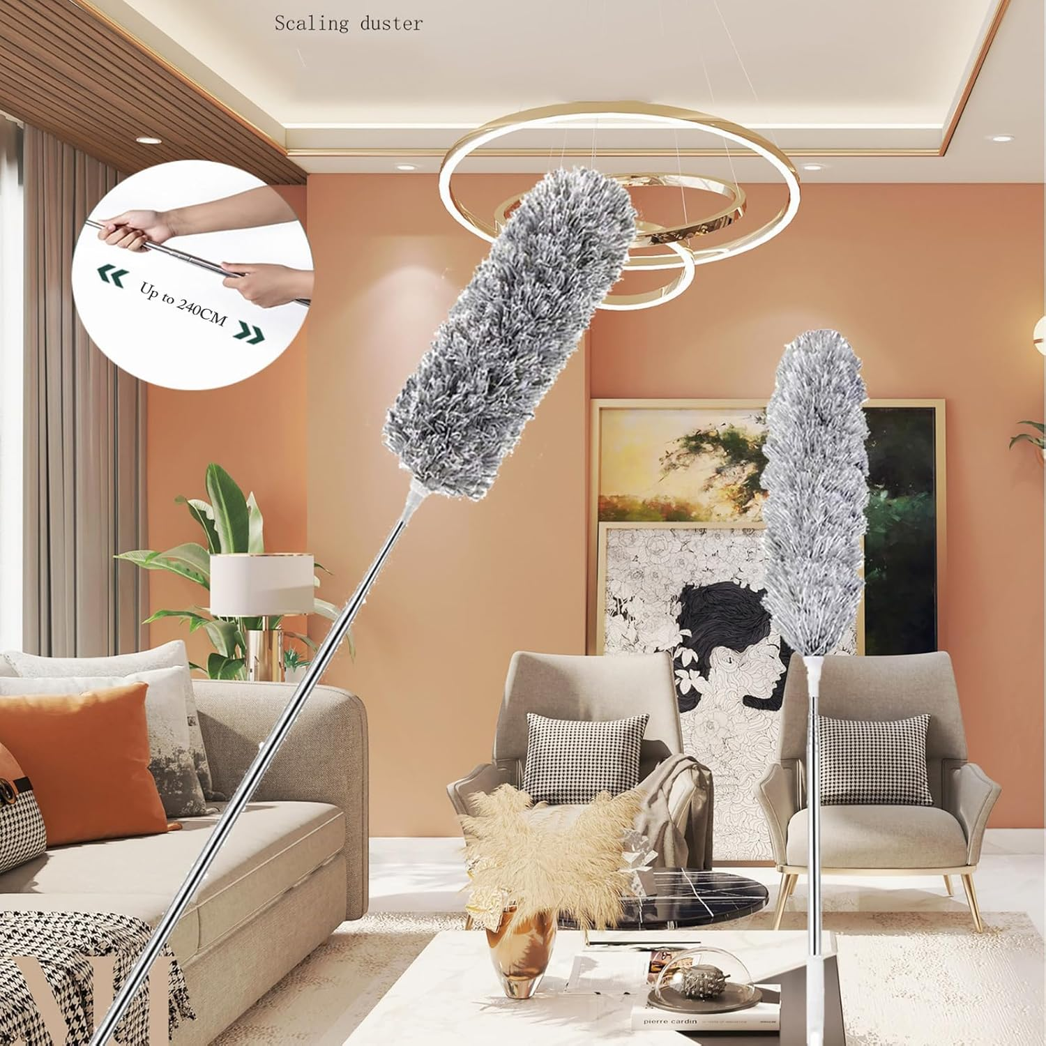 Microfiber Feather Duster with Extendable Pole, 46-280CM Extra Long Cobweb Duster for Cleaning, Ceiling Fan Cleaner Duster with Bendable Head for Ceiling Fan, Furniture, Home image number 1