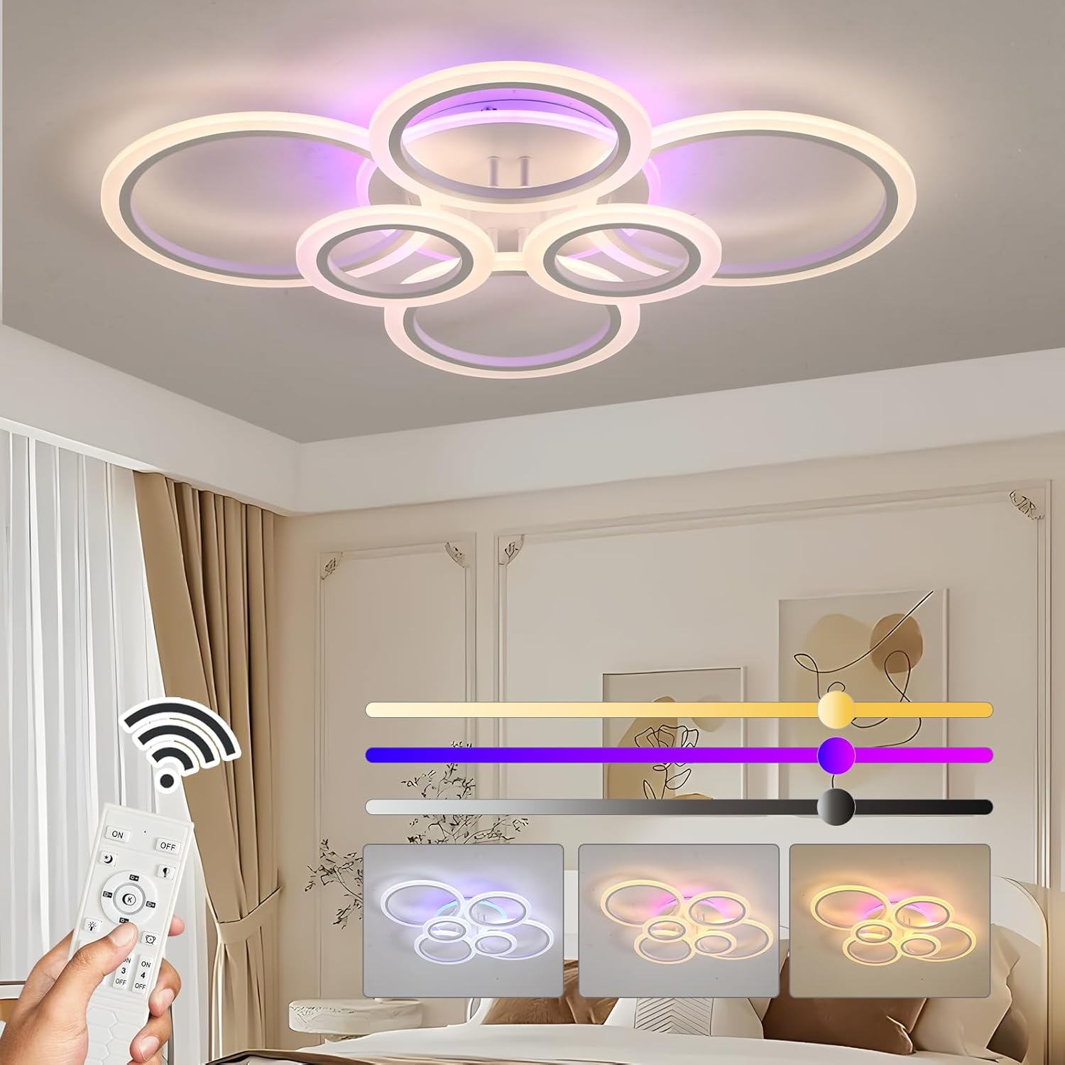 ZAITINZ Modern LED Ceiling Light,70W Flush Mount Ceiling Light,Dimmable Ceiling Lights for Bedroom,6 Rings Lighting Fixture LED Ceiling Lamp for Kitchen,Living Room,Laundry Room,3000-6000K,White image number 2