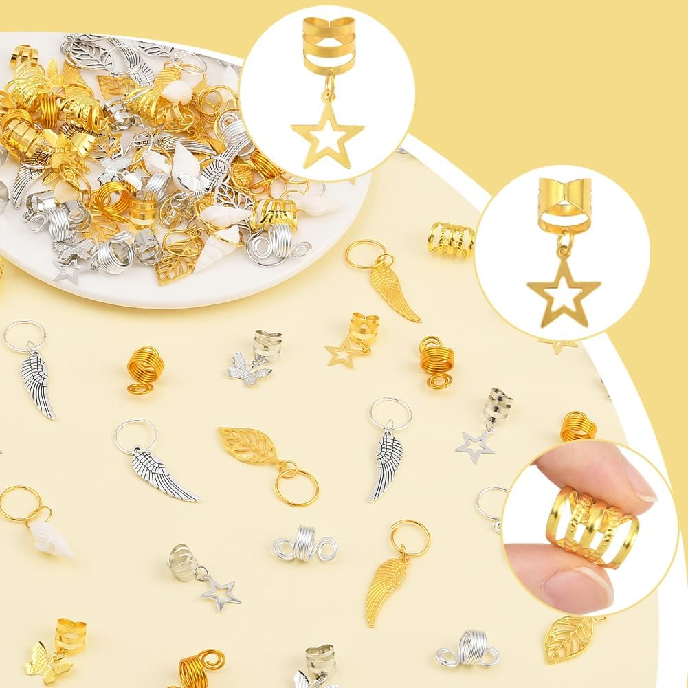 SUNNYCLUE 1 Box 120Pcs 12 Styles Hair Braid Clips Hair Braiding Decorations Metal Alloy Gold Silver Star Leaf Butterfly Shell Wing Braids Rings Jewellery for Women Wedding Graduation Birthday Decors image number 2