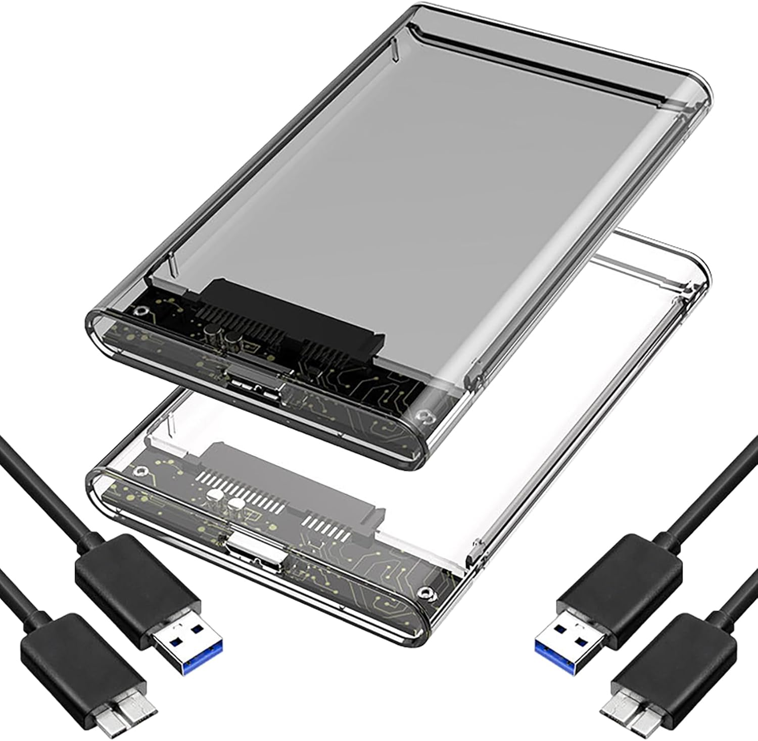 Tunghey 2Pack 2.5'' External Hard Drive Enclosure USB 3.0 to SATA III Tool Free Clear External Hard Drive Case for 7Mm/9.5Mm 2.5 Inch SSD HDD with UA-SP (Black and Gray)