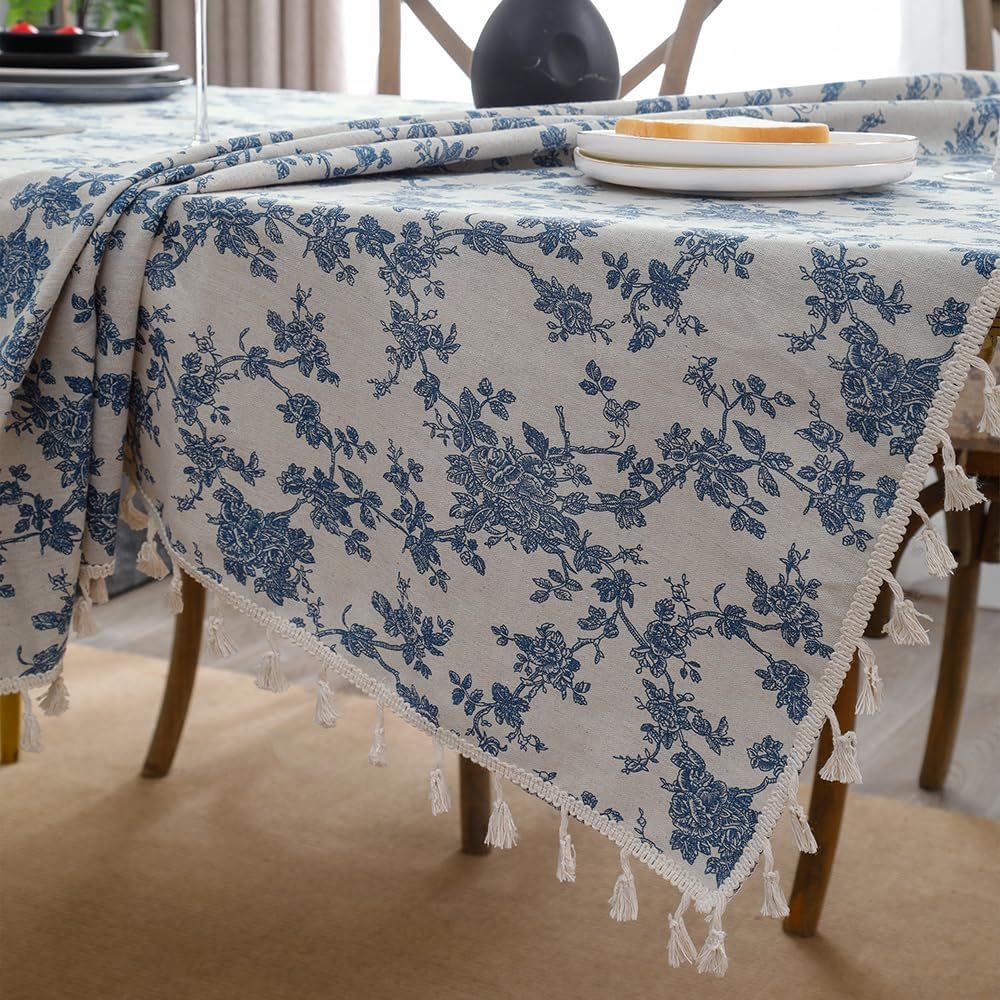 Anaado Cotton Linen Square Table Cloth for Dining Table, Table Cover 4 Seater, Vintage Blue Floral, 55''X55'' image number 1