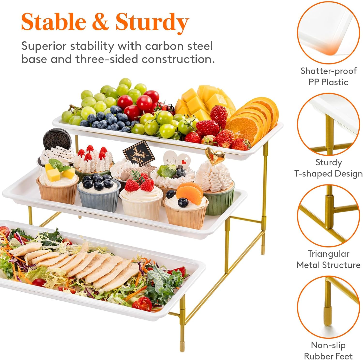 Lifewit 3 Tiered Plastic Serving Tray for Party Entertaining, 36&times;17Cm Serving Food Display Platters, Reusable Trays with Collapsible Stable Metal Stand for Veggie, Fruit, Cookies, Dessert, Gold - Black image number 5
