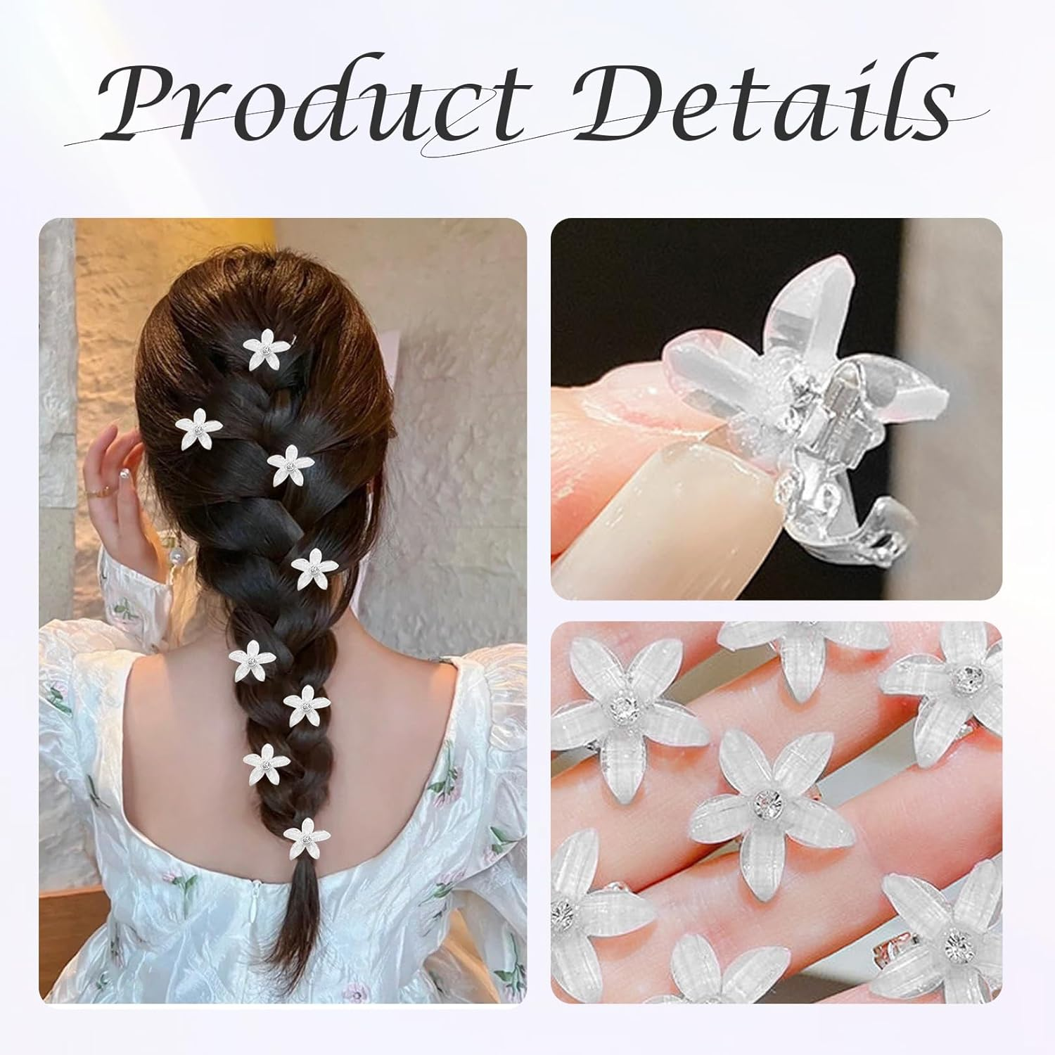 Pack of 10 Flower Hair Clips, Small Hair Clips, Girls' Hair Accessories with Rhinestones, Small Accessories Hair Clip, Flower Hair Accessories, Orchid Hair Clip Set, for Girls and Women (White) image number 1