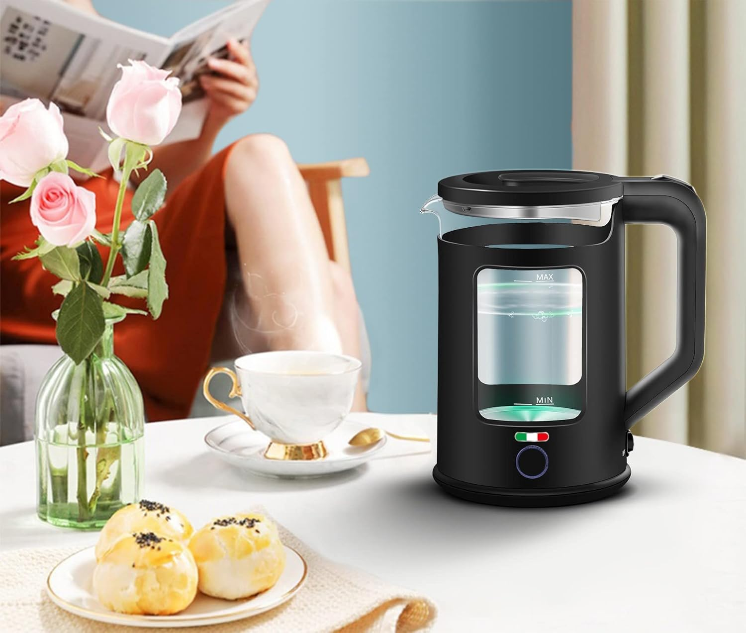 Vintage Electric 1.7L Glass Kettle Boil Dry Protection with Keep Warm Function - Black image number 2