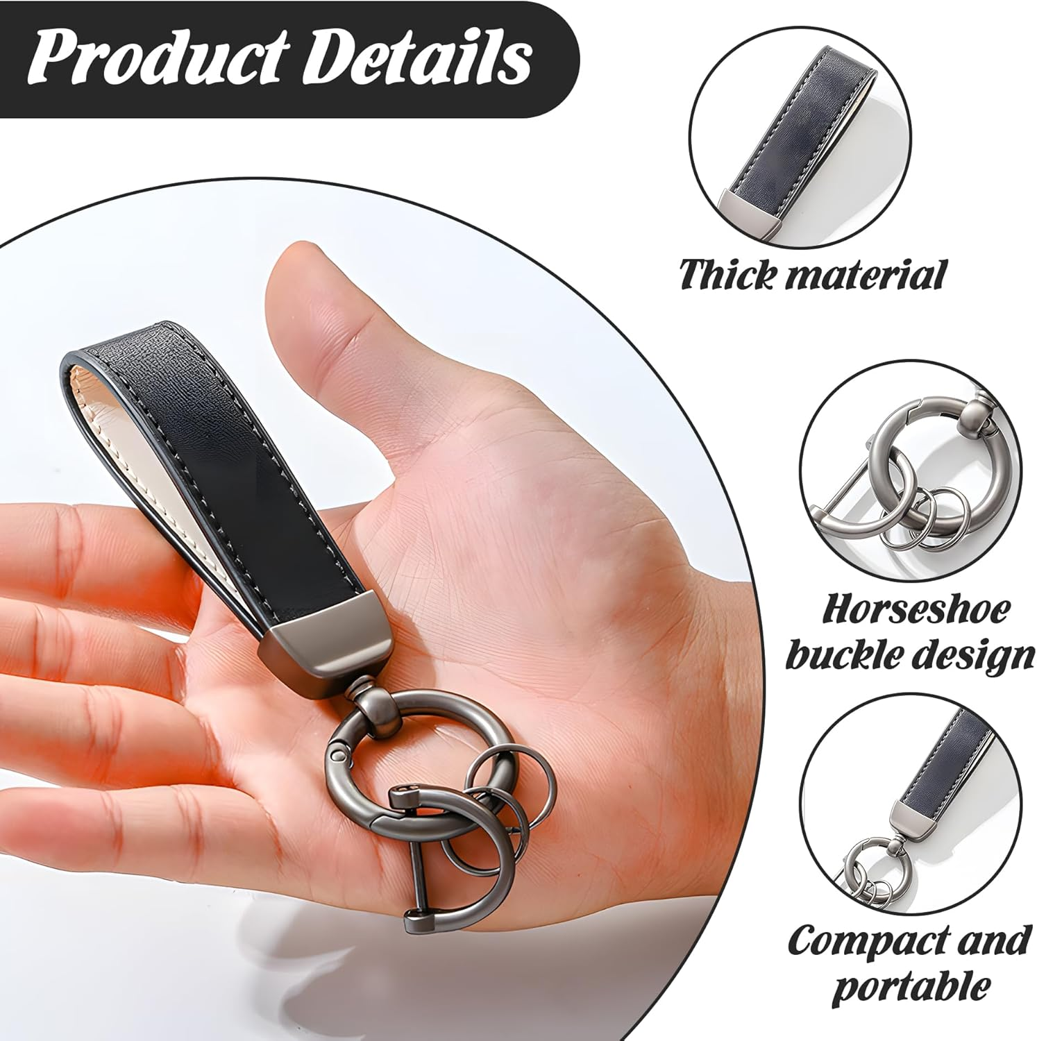 Premium Leather Keychain with Key Ring, Universal Car Key Holder for Men & Women, Genuine Leather Wristlet Key Fob Chain with Anti-Lost D-Ring, 4 Key Rings & 2 Mini Screwdriver image number 2
