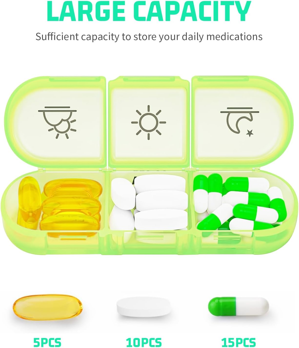 Travel Pill Organiser 7 Day 3 Times, Weekly Pill Box Organiser with Large Compartment, Daily Medicine Storage Box for Medication, Vitamin, Supplement and Fish Oil Supplements (Rainbow) image number 1