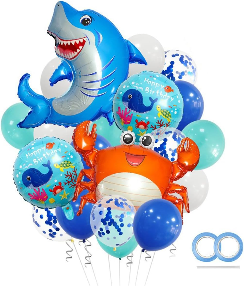 22Pcs Ocean Shark Themed Party Decorations, Blue Shark Balloons, Happy Birthday Balloons, Birthday Party, Undersea Balloons Supply image number 4