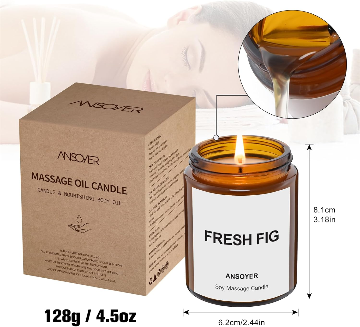Massage Oil Candle, Gift SPA Use Home Scented Candle Body Oil, Ultra Hydrating Body Care with Soybean Oil, 4.5Oz (Fresh Figs) image number 5