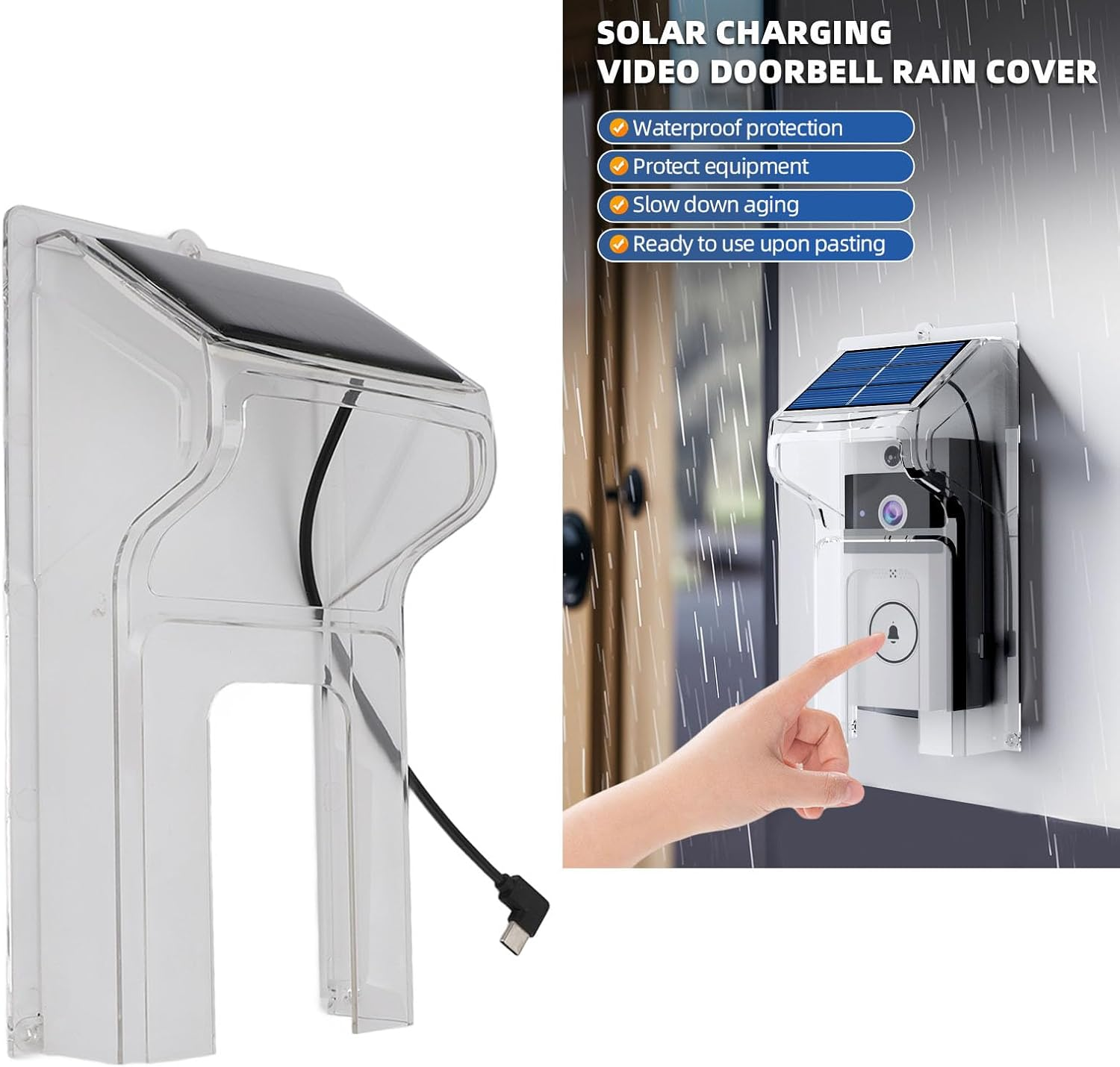 Doorbell Rain Cover, Solar Powered Doorbell Cover Transparent Plastic Door Bell Cover Doorbell Cover Box for Most Video Doorbells image number 4