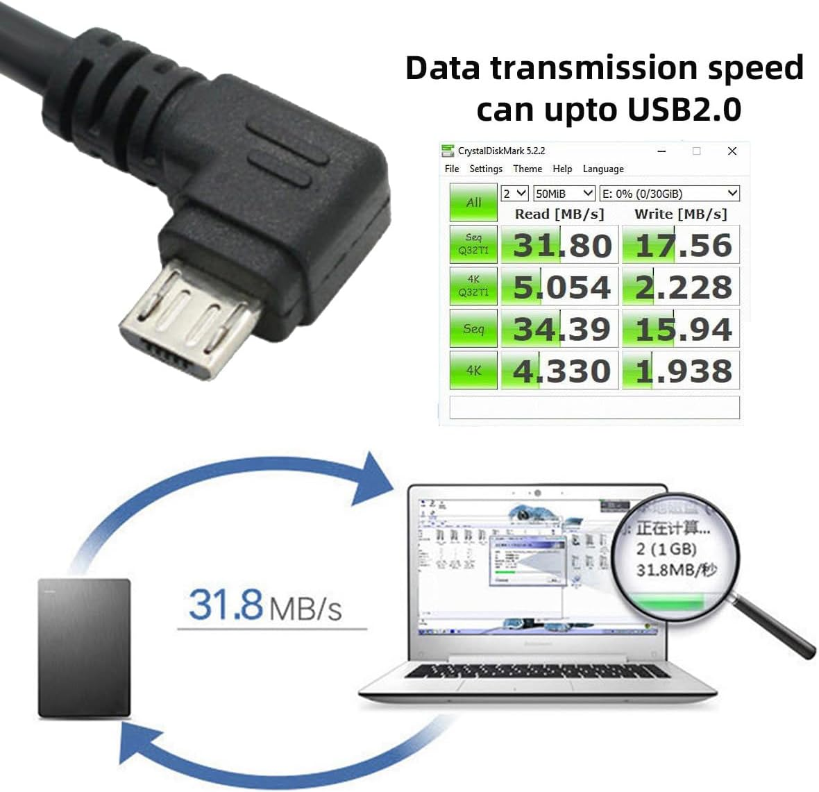 JSER Right Angled 90 Degree Micro USB 2.0 Type 5Pin to USB 2.0 Type-A Data Charge Cable 480Mbps Data for Phone Tablet Computer Camera (150Cm) image number 4