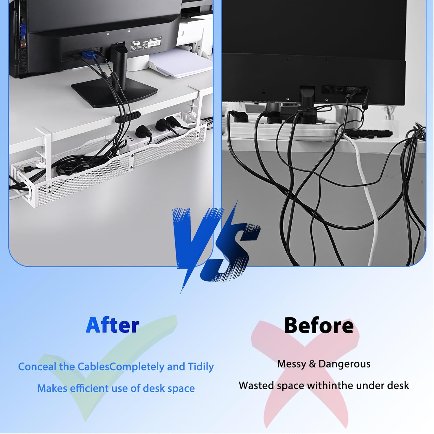 Under Desk Cable Management Box 25.3 Inch &ndash; No-Drill Cable Organizer Tray, Large Cord Management Box for Office & Home, Wire Organizer under Desk Storage, White image number 2