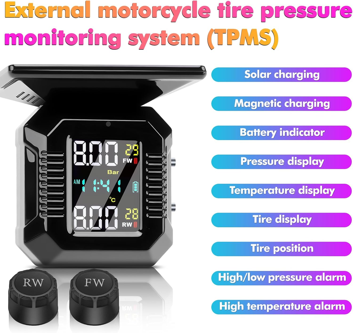 Motorcycle Tyre Pressure Monitoring System, Motorcycle TPMS with 2 External Sensors, LCD Display, USB Charging, IP67 Waterproof, Motorbike Tyre Pressure Monitor System, Two-Wheeled Motorcycle TPMS image number 2