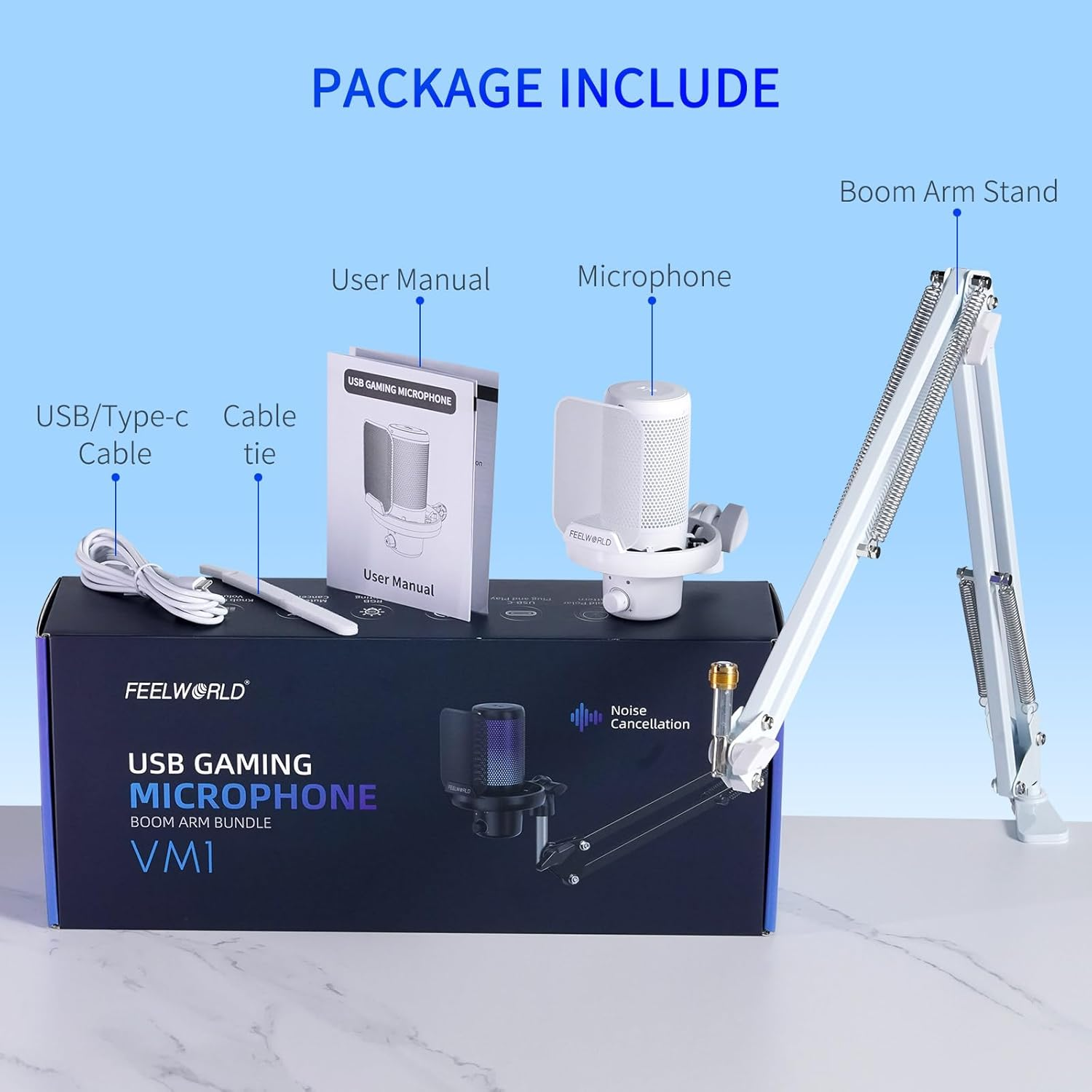 FEELWORLD VM1 White Gaming PC USB Microphone Condenser Mic with Boom Arm Noise Cancellation RGB Light Mute, Computer Accessories for Gamer Youtube Twitch Podcast Streaming Recording Chat PS4 PS5
