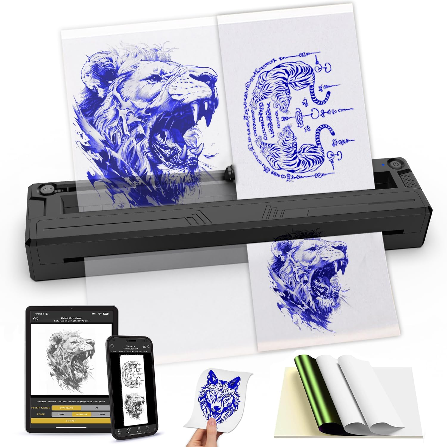 M8 Wireless Tattoo Stencil Printer, Portable Bluetooth Thermal Tattoo Printer Application Custom Size&le; A4, Print Realistic Portraits Included, 10 Transfer Papers, Works for Phone/Tablet/Pc (Black) image number 3