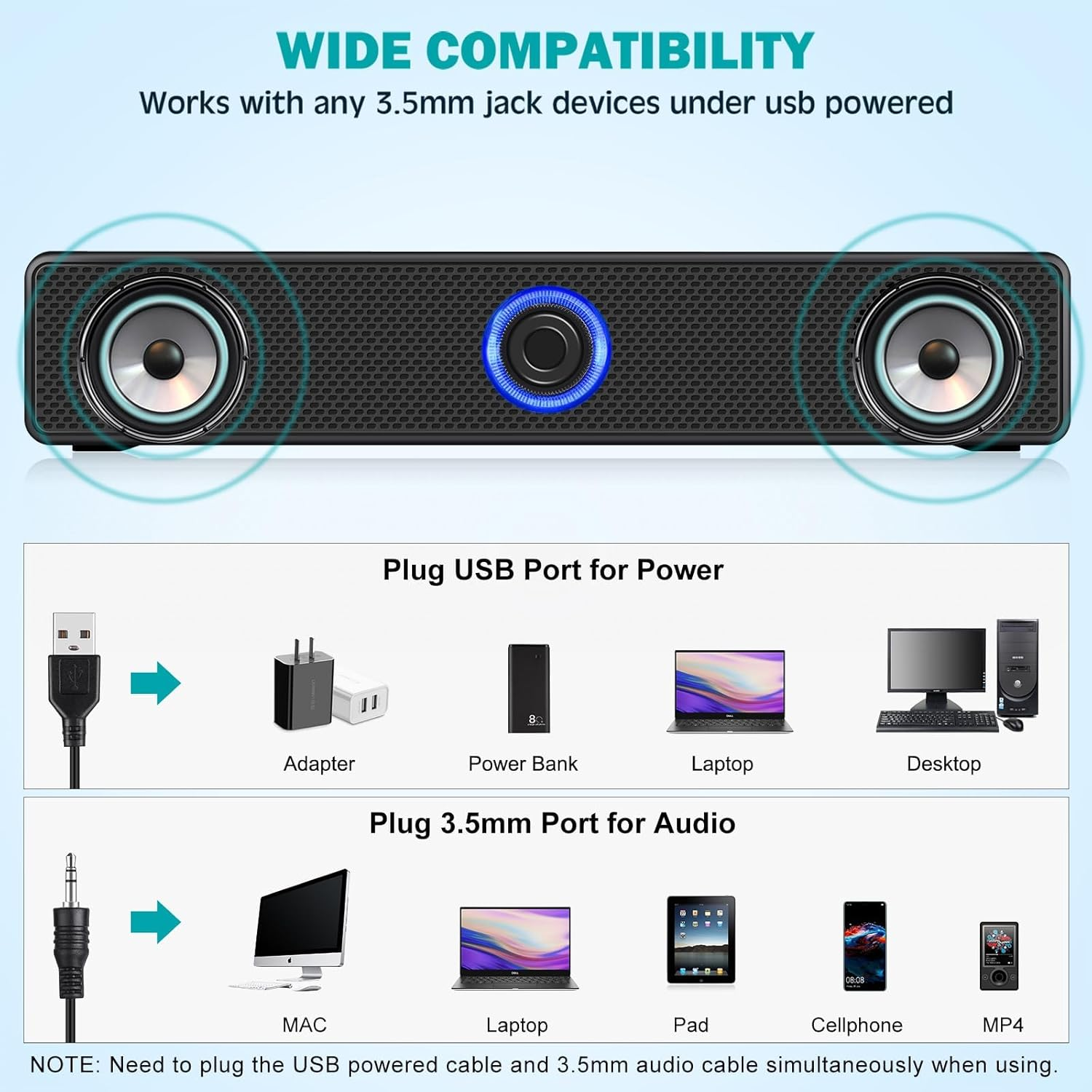 USB Computer Speakers, Stereo Sound Desktop Speakers with 3.5Mm Audio Plug for Computer, Laptop, PC, Pad, Cellphone image number 3