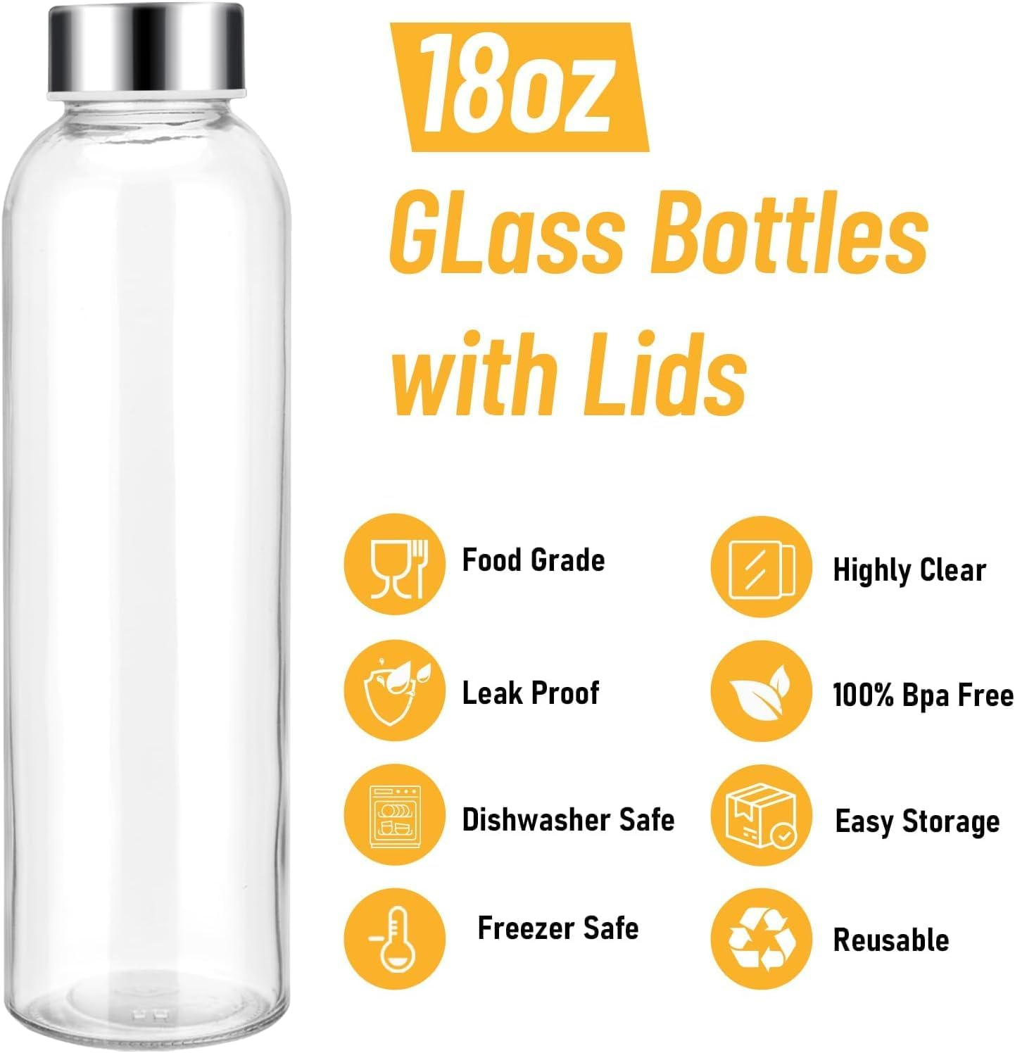 ALINK 18Oz Glass Juice Bottles with Lids Set of 6,Clear Glass Water Bottles,Reusable Drinking Bottles with Stainless Steel Airtight Cap,Storage Containers for Refrigerator-Bpa Free,Leak Proof image number 6