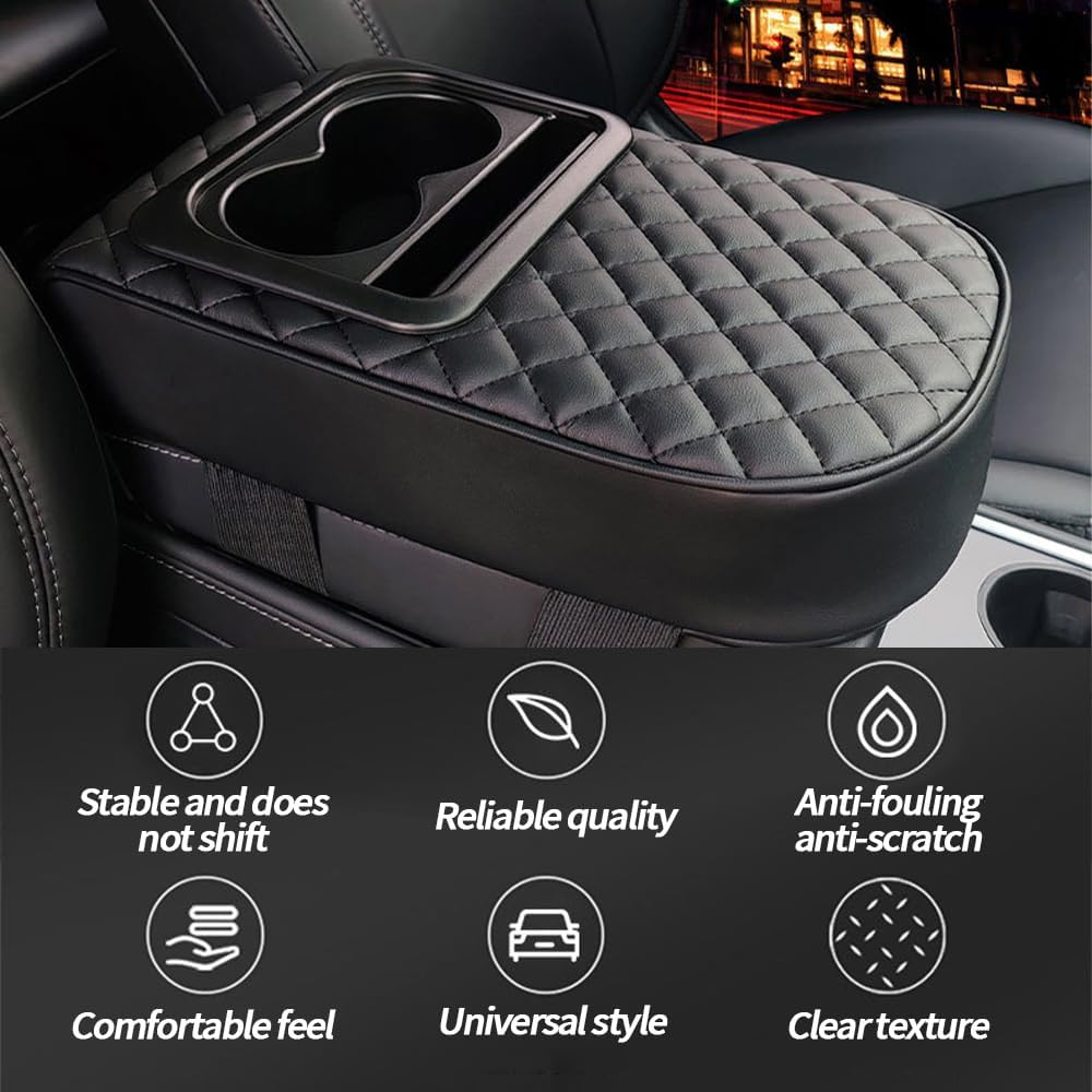 TOMVAES Car Armrest Cover,Leather Armrest Support Elbow Rest Pillow,Auto Center Console Cushion Pad with Cup Holder and Organizer for Suv/Truck/Vehicle,Black image number 4