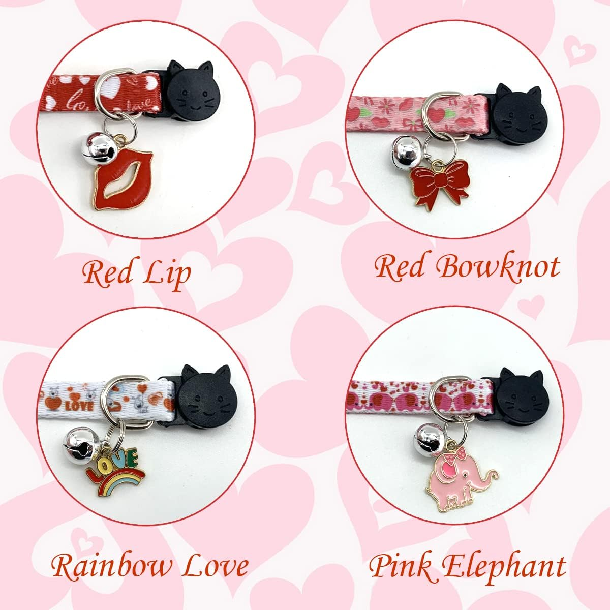 Cooshou 4PCS Valentine'S Day Cat Collars with Bells Kitten Breakaway Collar with Charming Pendants Pet Adjustable Collars with Red Lips Love Bow for Cats Kitten Small Dogs image number 3