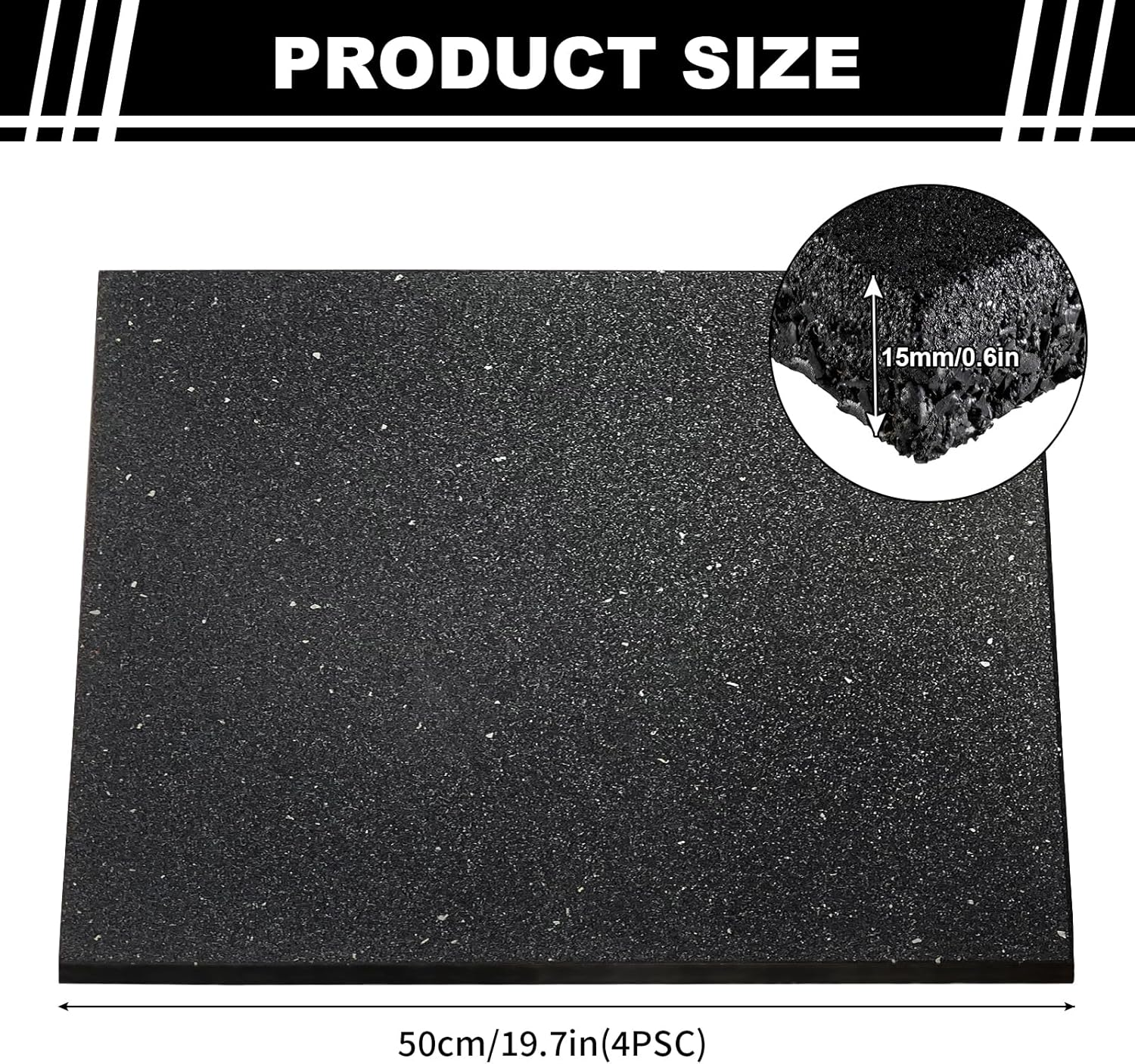 Gym Mat Flooring Heavy Duty Rubber Mat 15MM Thickness Exercise Mats Premium Slip-Resistant, Shock Absorbent, Solid Rubber Matting for Gymnastic, Sports & Fitness (Black + Grey Dots, 50CM X 50CM, 4)