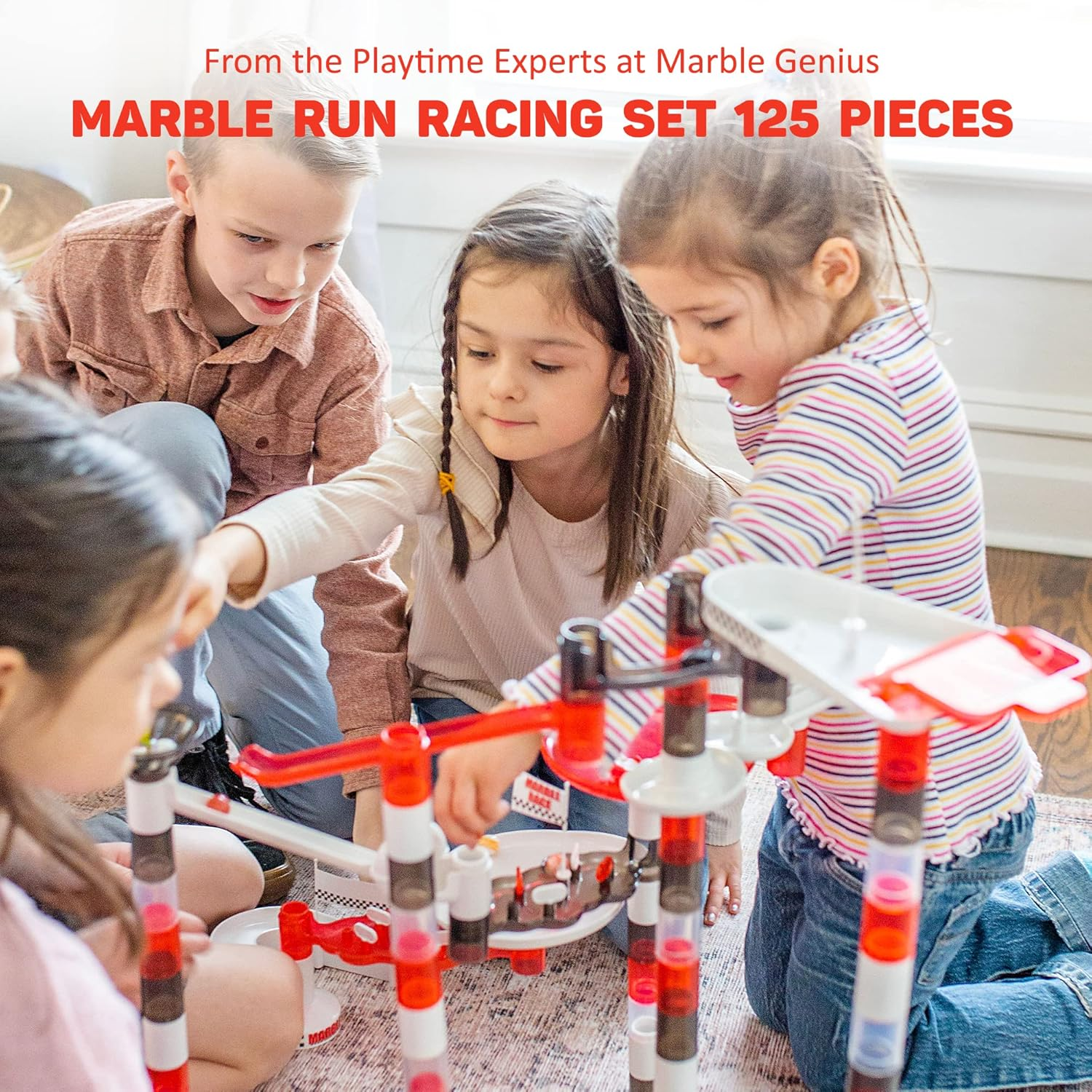 Marble Genius Marble Run Racing Set (125 Pieces) with Designer Marbles, Racing Action Pieces, & Tournament Board image number 4