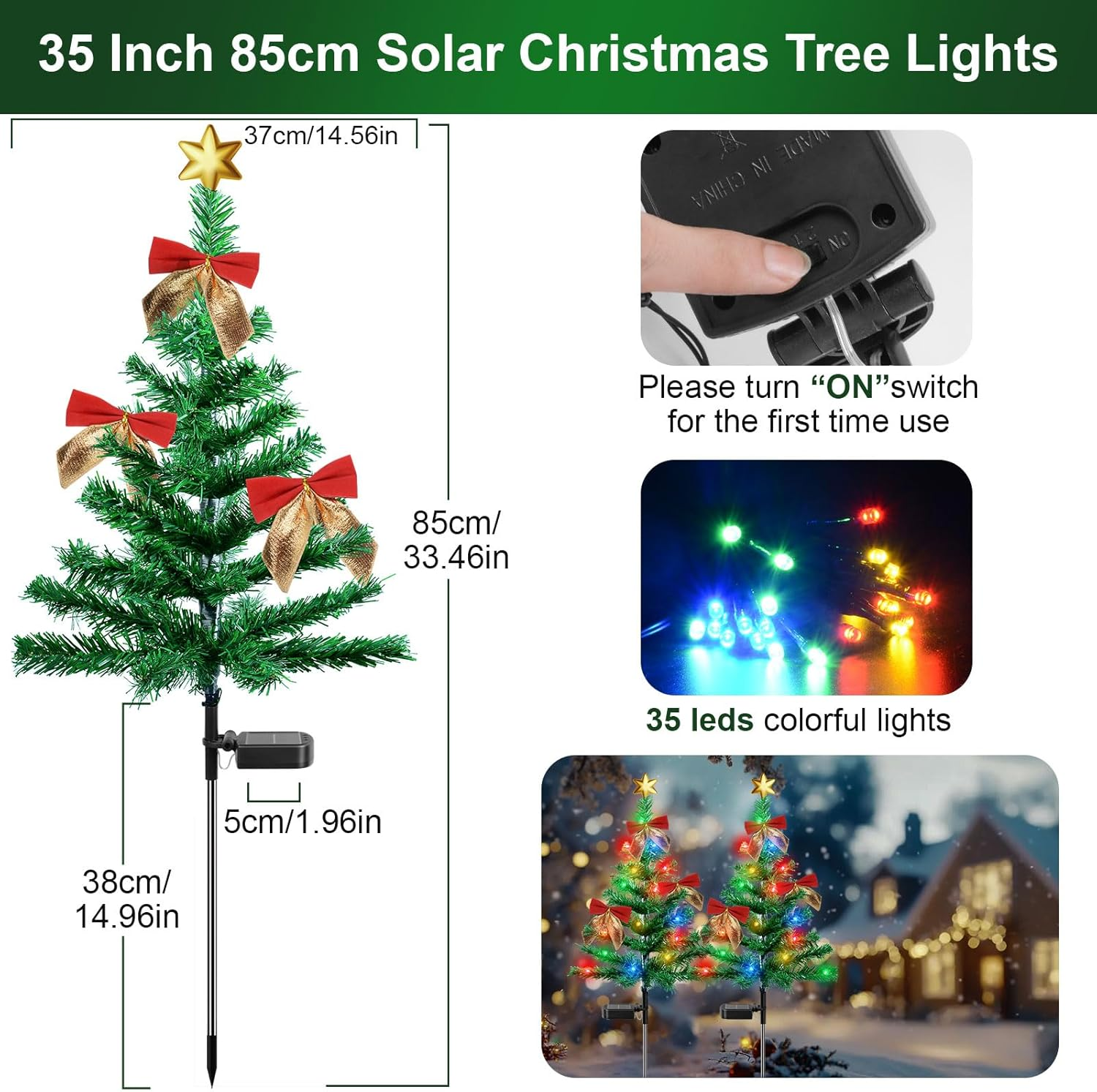 Ninonly 2 Pack Solar Christmas Tree Light, 85CM Solar Powered Outdoor Christmas Tree Garden Lights with 30 Leds Bows Stars Ornaments, Waterproof Solar Xmas Tree Stake for Yard Pathway Walkway image number 6