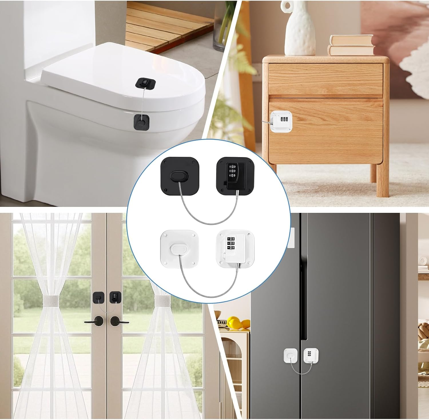 4PCS Combination Fridge Lock - Drill-Free Square Cabinet Latch for Home Safety, Universal Fits Door/Freezer/Window/Drawer/Toilet, Home Hardware (Black, White) image number 4