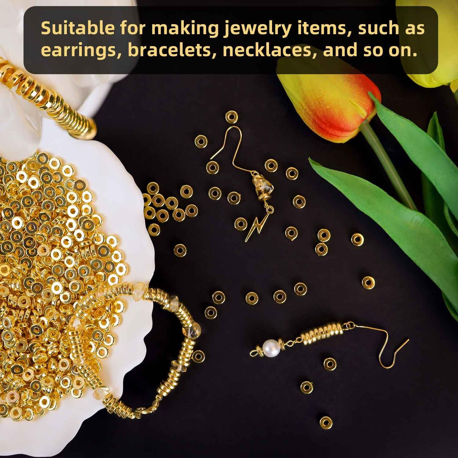 1000 Pcs 6Mm Flat Gold round Spacer Beads Disc Spacer Loose Beads for Jewelry Making Flat round Rondelle Spacers Beads for DIY Bracelet Necklace Earring 6Mm Heishi Bead Crafts Supplies (Gold) image number 6