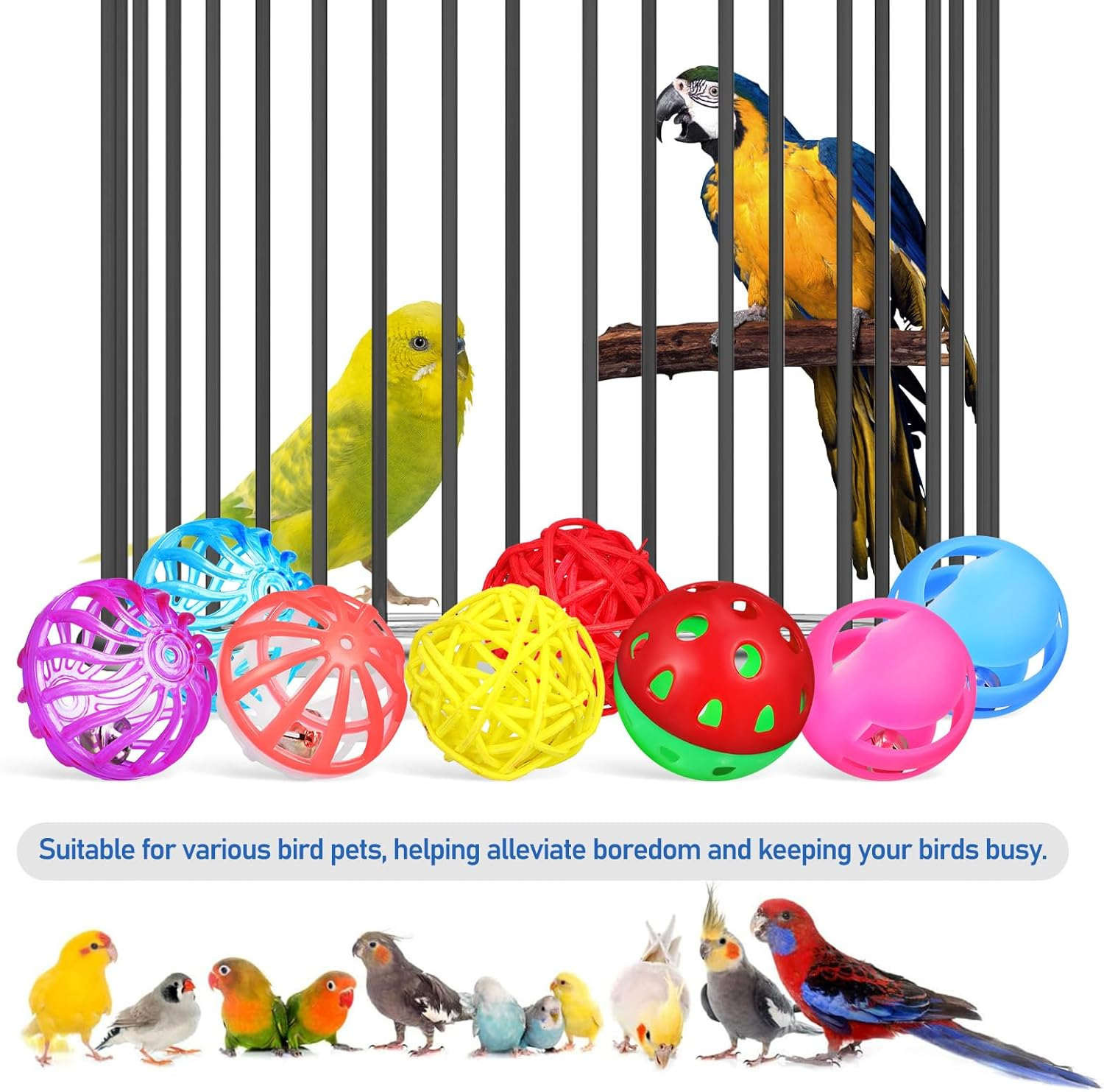 YARNOW 12Pcs Bird Ball Toys for Parrots Parakeets and Cockatiels Fun Chewing and Foraging Playthings with Sounds for Birds and Birdcage Decoration image number 3