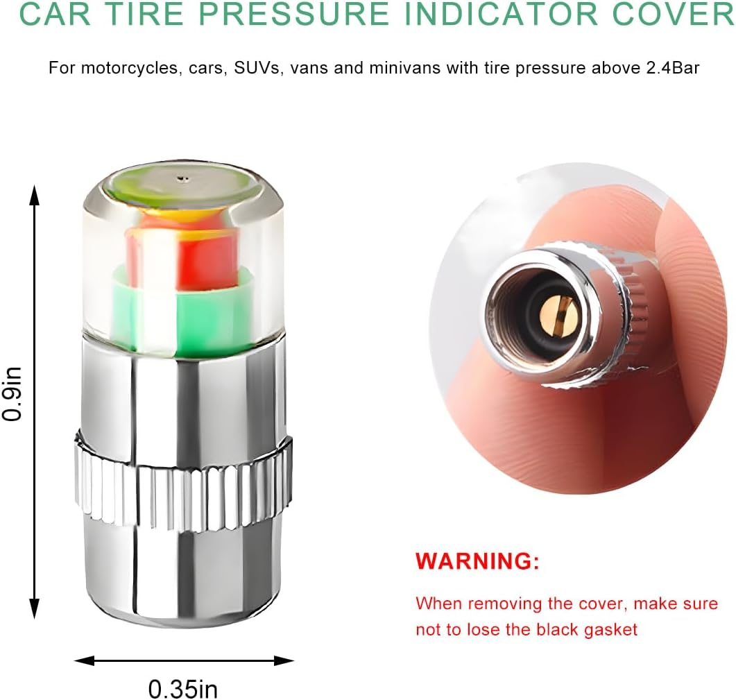 8PCS Tire Pressure Monitor Valve Stem Caps, 2.4 Bar 36PSI Pressure Monitor Stem Covers with 3-Color Eye Alert, Easy to Read Sensor Indicator Tire Valve Cap for Most Car Truck SUV (Silver) image number 5