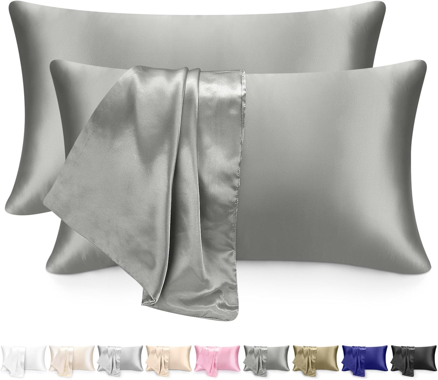 2 Pack Pillowcases, Silk Pillowcase for Women Men 51X76Cm Soft Comfortable Breathable Smooth Cooling Pillow Covers for Sleeping (Silver Gray) - Black image number 6
