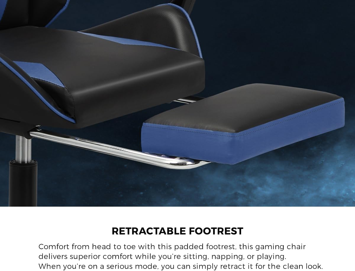 Oikiture Home Gaming Chair Executive Computer Desk Chair with Footrest and Lumbar Pillow Massage Office Chair Black and Blue image number 6