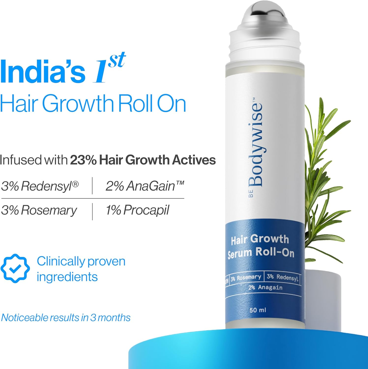 Be Bodywise Rosemary Hair Growth Serum (Roll On)|Promotes Hair Growth & Stimulates Hair Follicles |3% Rosemary, 3% Redensyl & 2% Anagain | Hair Fall Control Serum for Unisex |For All Hair Types | 50Ml image number 2