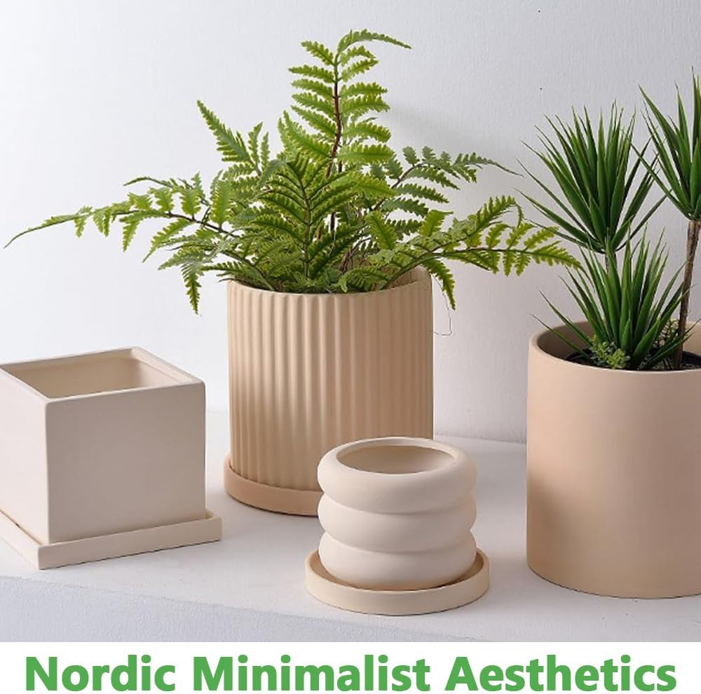 2-Pack Ribbed Ceramic Planter, Minimalist Clay Flower Pot, Indoor Plant Pan, Lightweight & Durable, Ideal for Succulents & Herbs image number 4