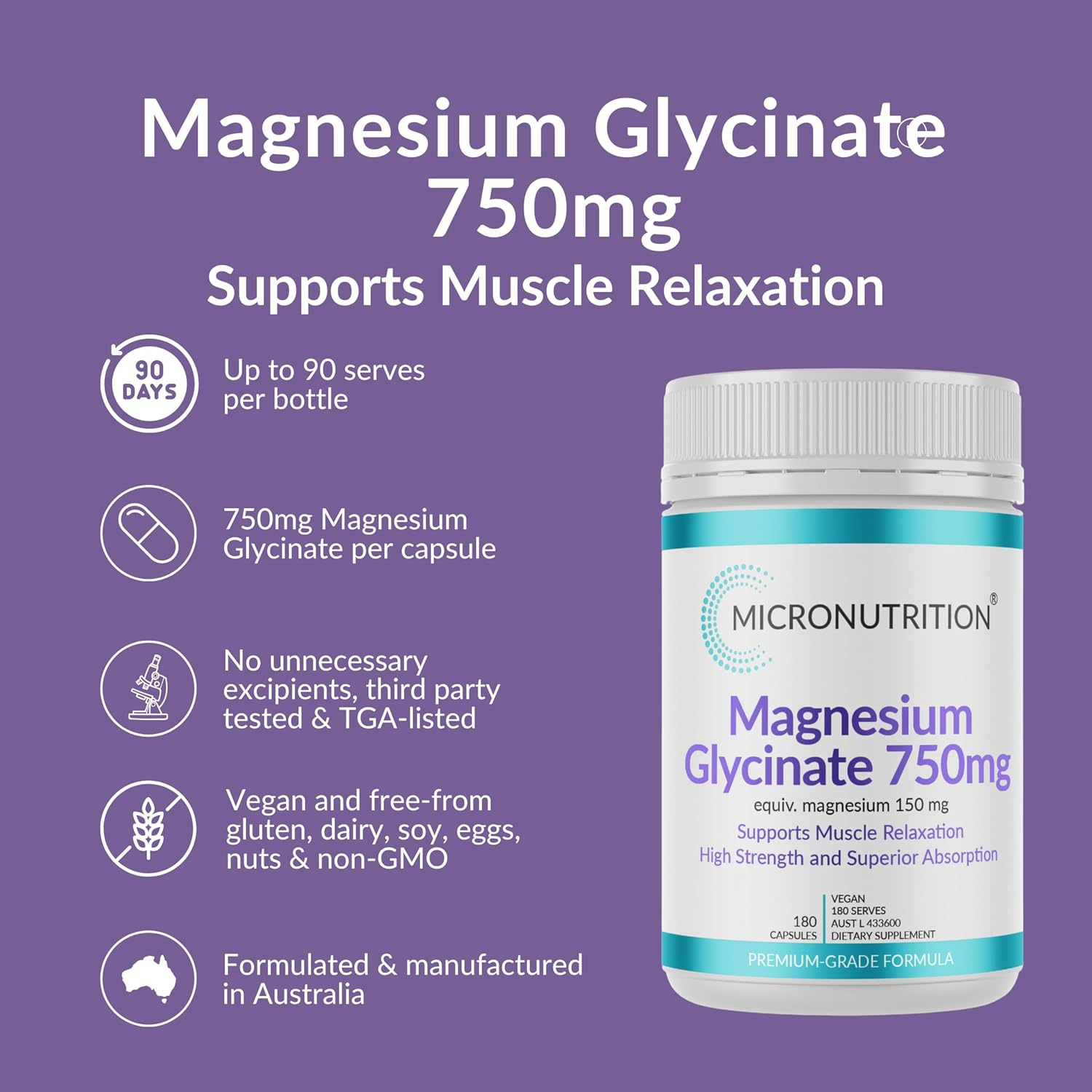MICRONUTRITION Magnesium Glycinate 750Mg (180 Capsules) High Strength High Absorption - Muscle, Bone & Heart Health, Non-Gmo, Gluten Free - 150Mg Elemental Magnesium Supplement (180 Caps) image number 5