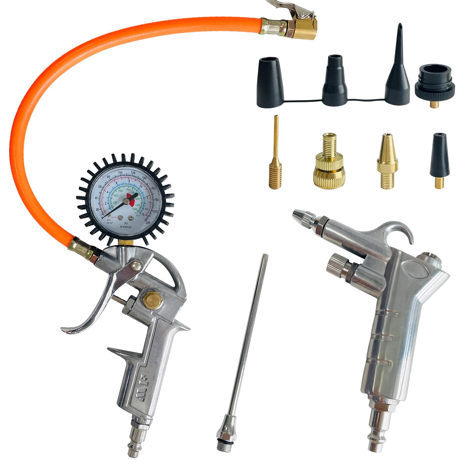 Heavy Duty Air Compressor Accessories Kit, 220PSI Rubber Hose Tire Inflator Gauge with Air Hose Fittings, 1/4" NPT Air Tool Kit with Air Dust Blowing Tool image number 2