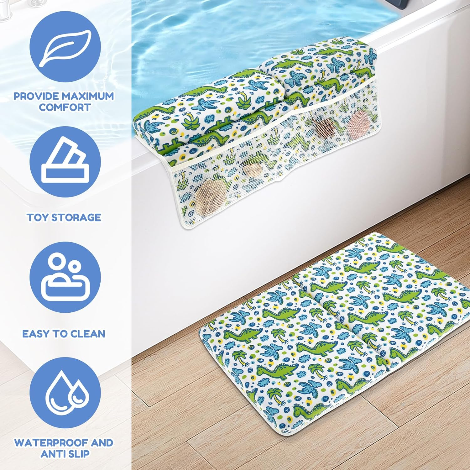 Bath Kneeler and Elbow Rest Pad Set, Nonslip Baby Bathtub Kneeling Pad with 4 Side Pockets, Quick Dry Kneeling Pad, Painless Baby Bathtub Kneeler Mat Comfortable for Baby Bathing image number 5