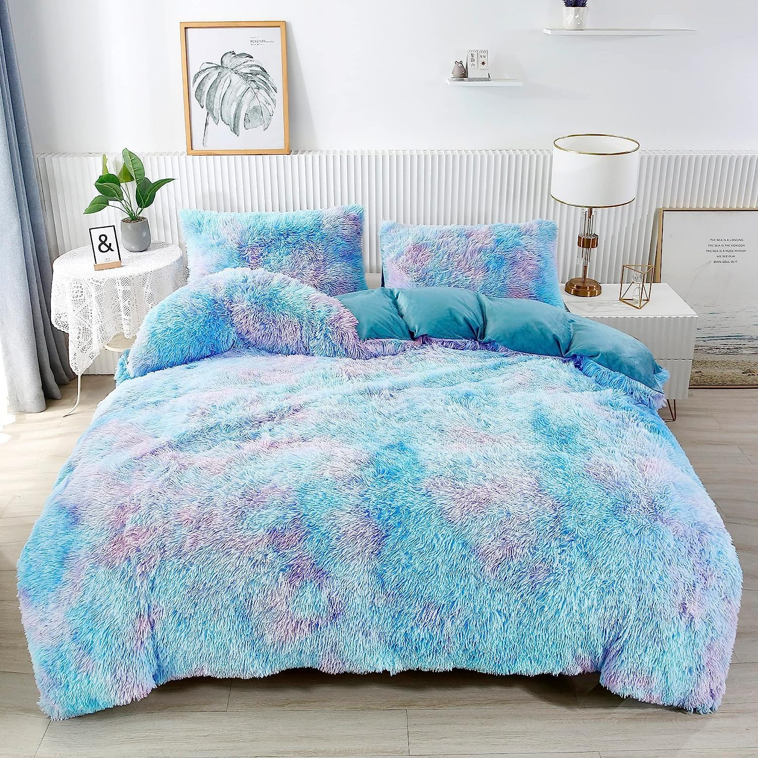 RYNGHIPY Super Soft Fuzzy Faux Fur Duvet Cover Set, Twin Bedding Sets for Girls, Blue Tie Dye Plush & Velvet Flannel Comforter Cover with 2 Pillowcases (Colorful Blue,Twin)