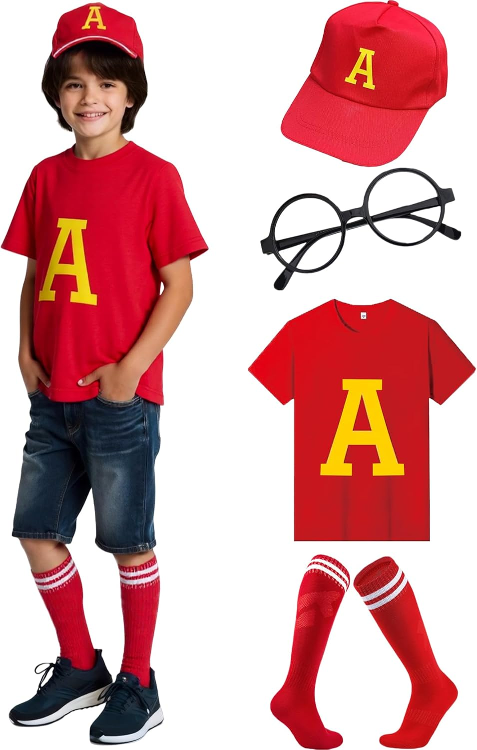 Halloween Costumes Kids Boys or Girls Alvin Book Week Costume with Tshirt Cap Soccer Socks and Glasses Frame image number 1