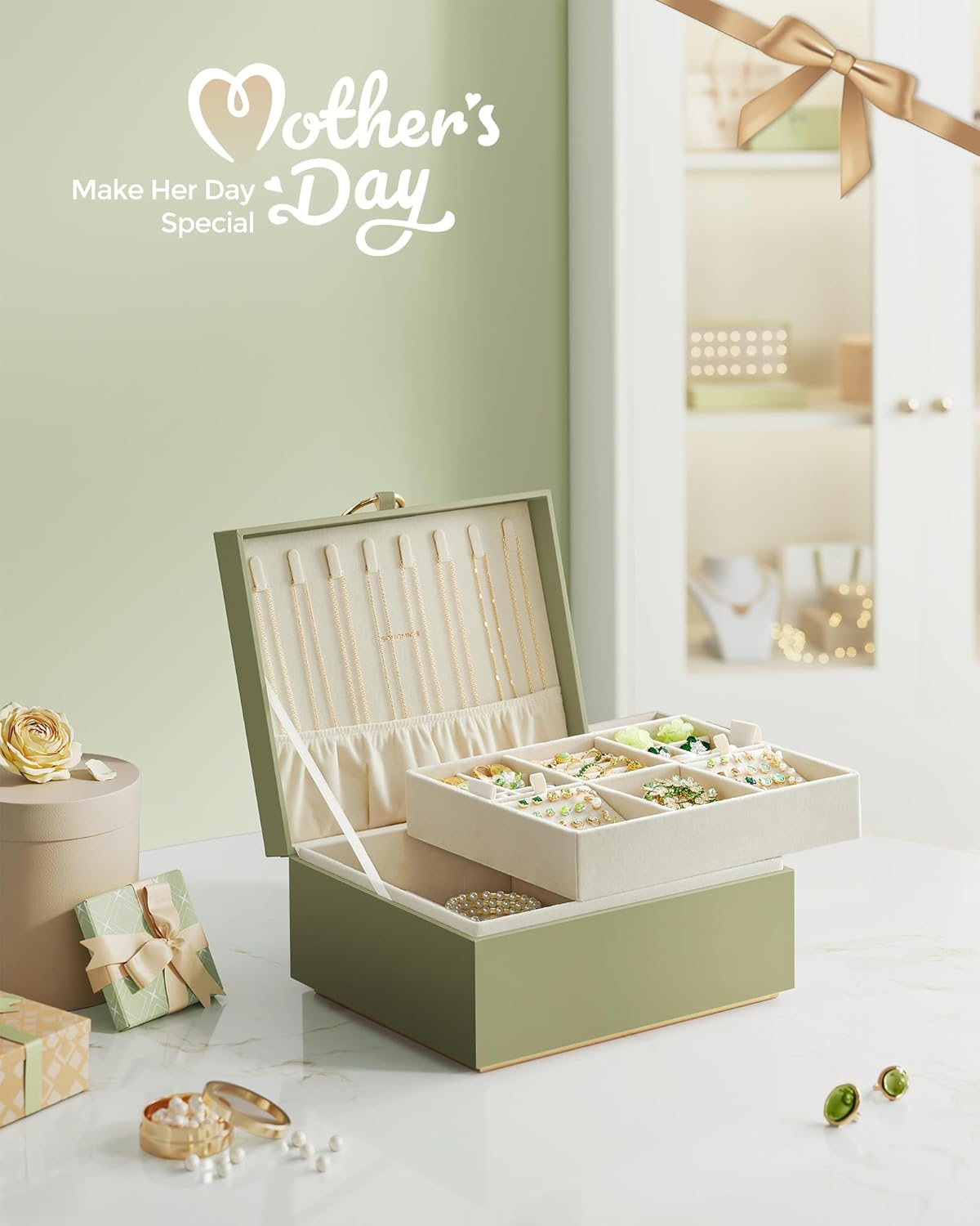 SONGMICS 2-Layer Jewelry Box, Jewelry Organizer with Handle, Removable Jewelry Tray, Jewelry Storage, Floating Effect, 20.5 X 24 X 11 Cm, Gift Idea, Laurel Green JBC165C02 image number 4